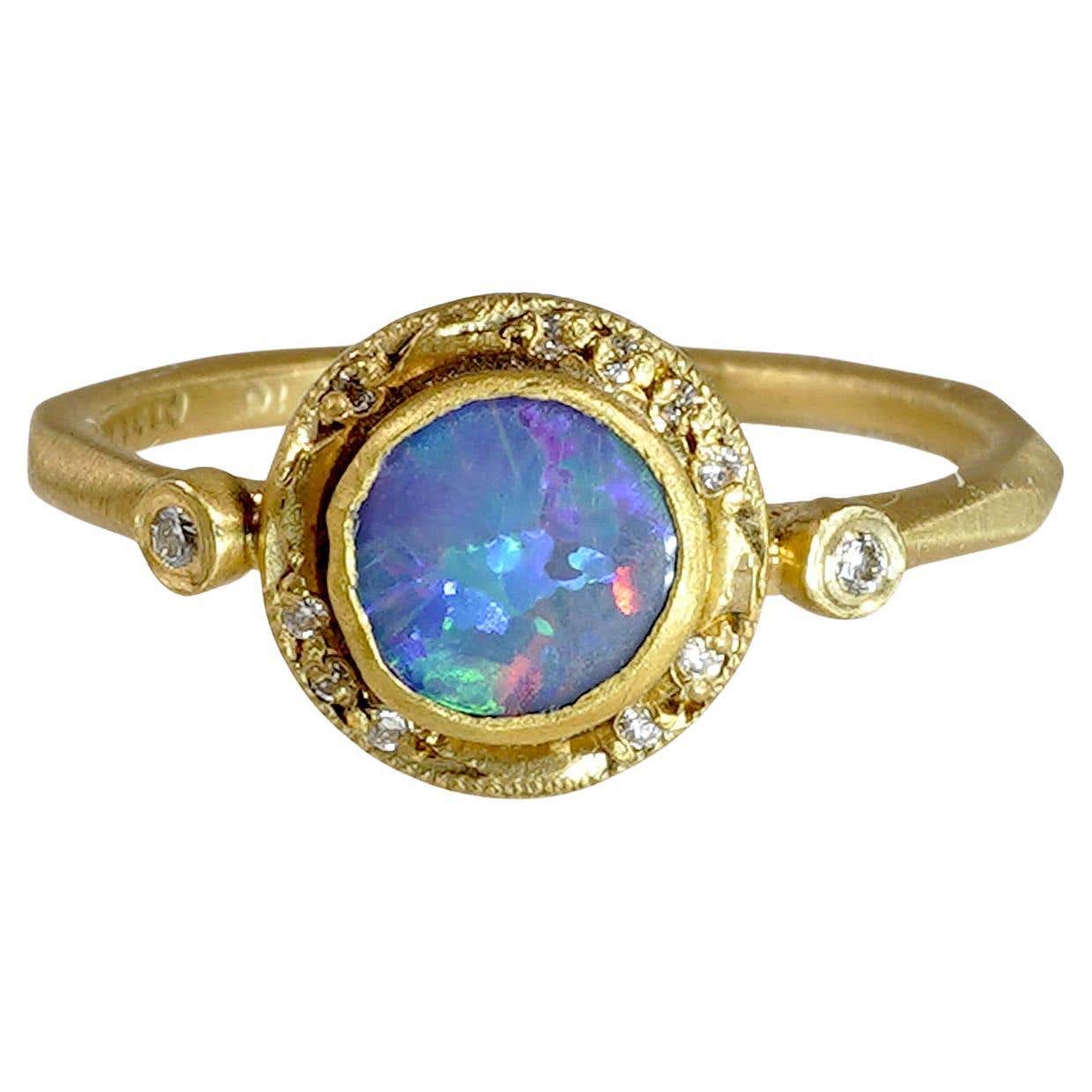 Bluish Purple 0.60ct Round Australian Boulder Opal, Stackable Ring with ...