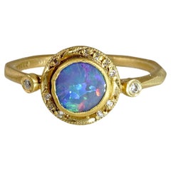 Bluish Purple 0.60ct Round Australian Boulder Opal, Stackable Ring with Diamonds