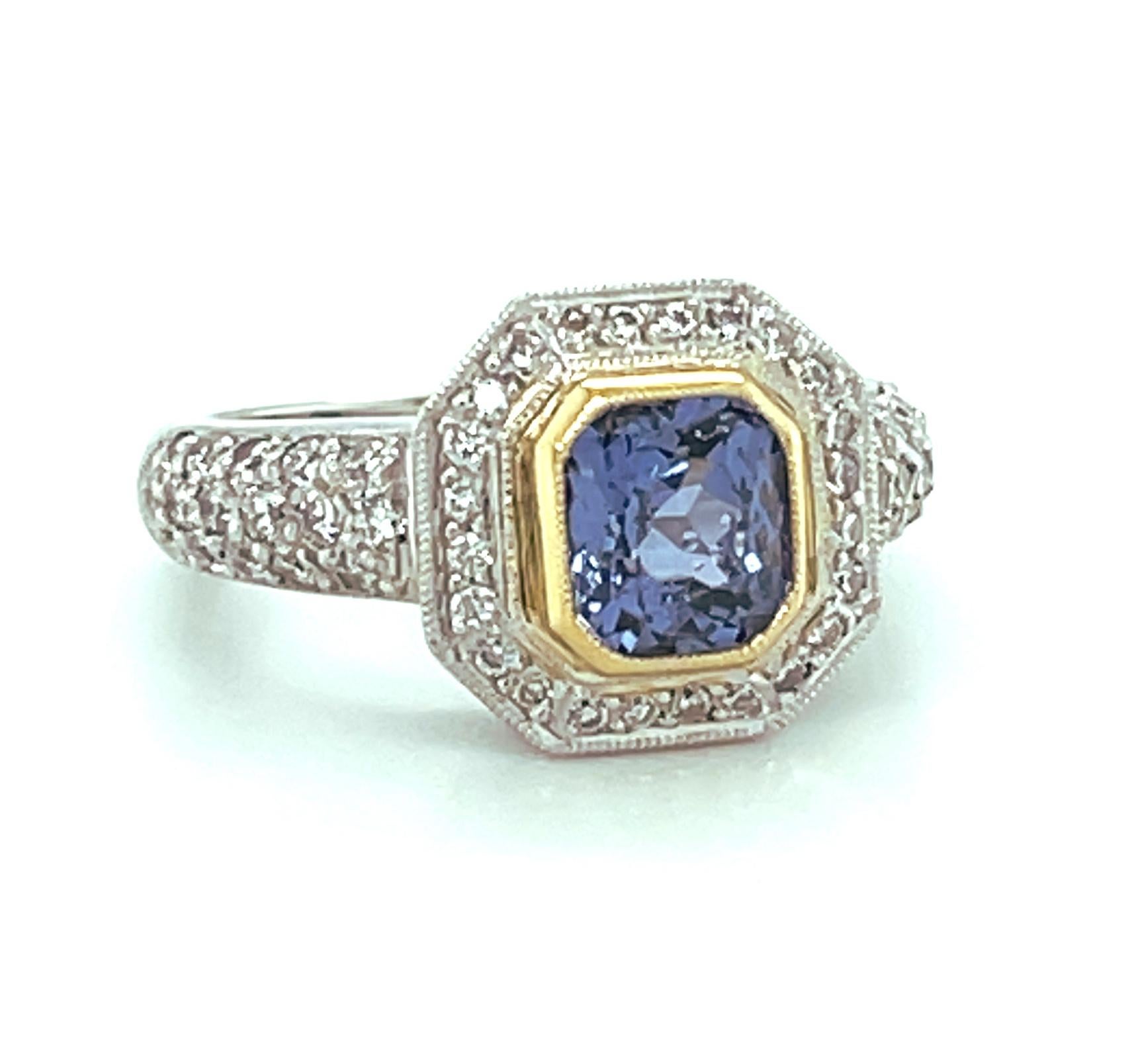 Artisan Bluish Purple Spinel and Diamond Cocktail Ring in 18k White and Yellow Gold For Sale