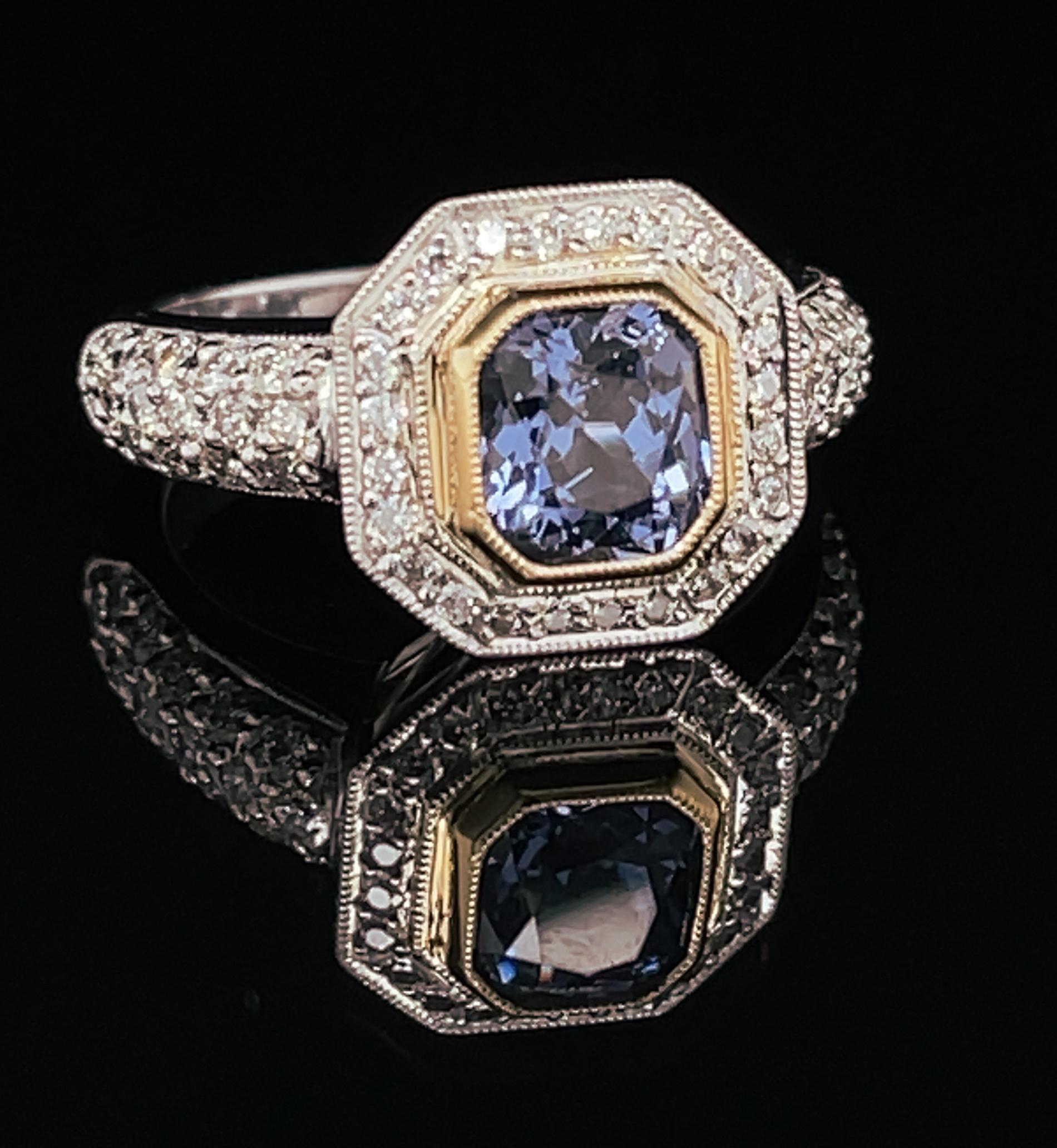 Women's Bluish Purple Spinel and Diamond Cocktail Ring in 18k White and Yellow Gold For Sale