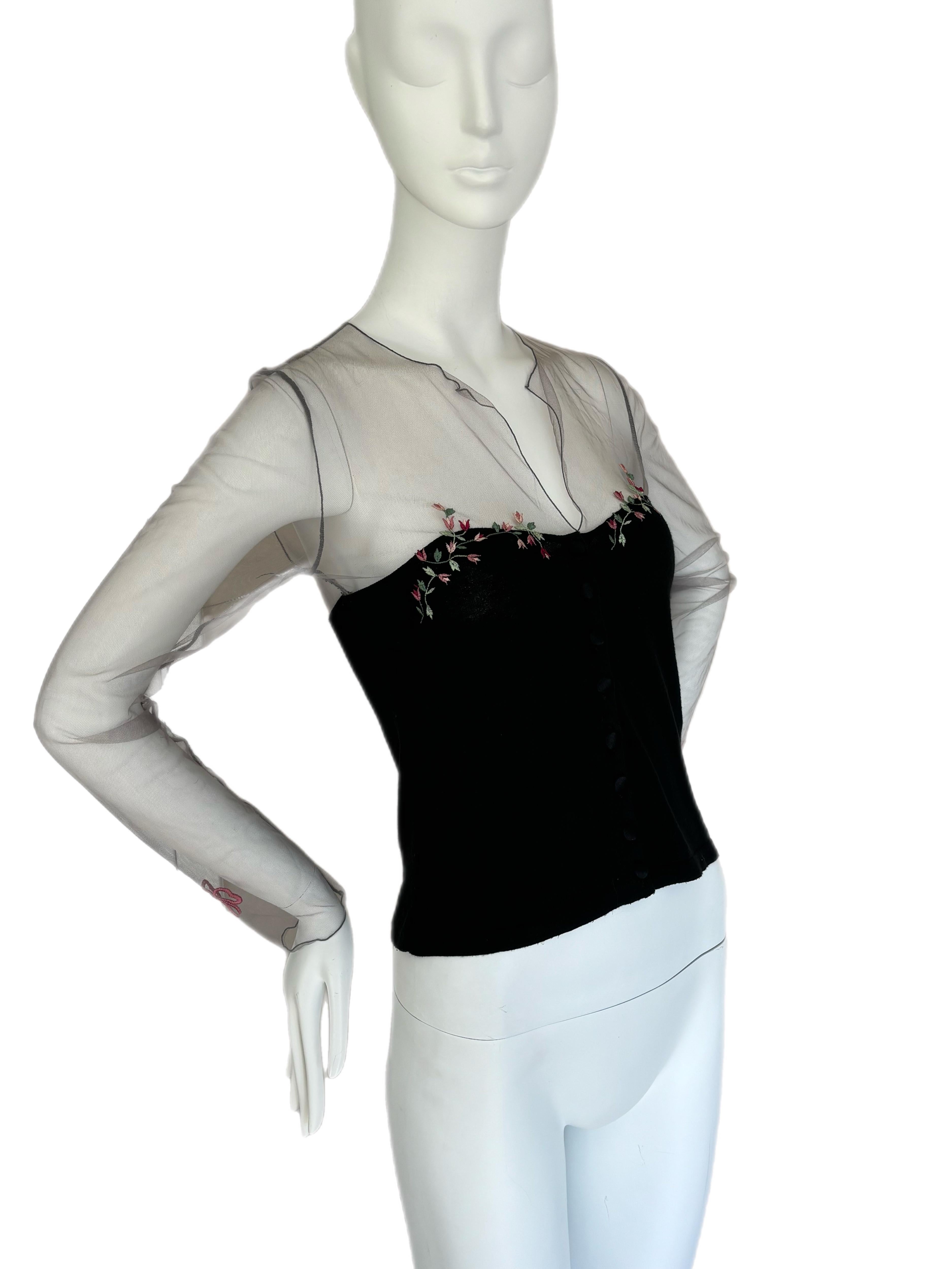 BLUMARINE 1999 Vintage Sheer Cardigan floral and bow ribbon detail on sleeves In Excellent Condition For Sale In Leonardo, NJ