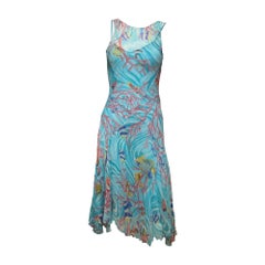 Blumarine 2000s Aqua Sheer Coral-Print Asymmetric Midi Dress