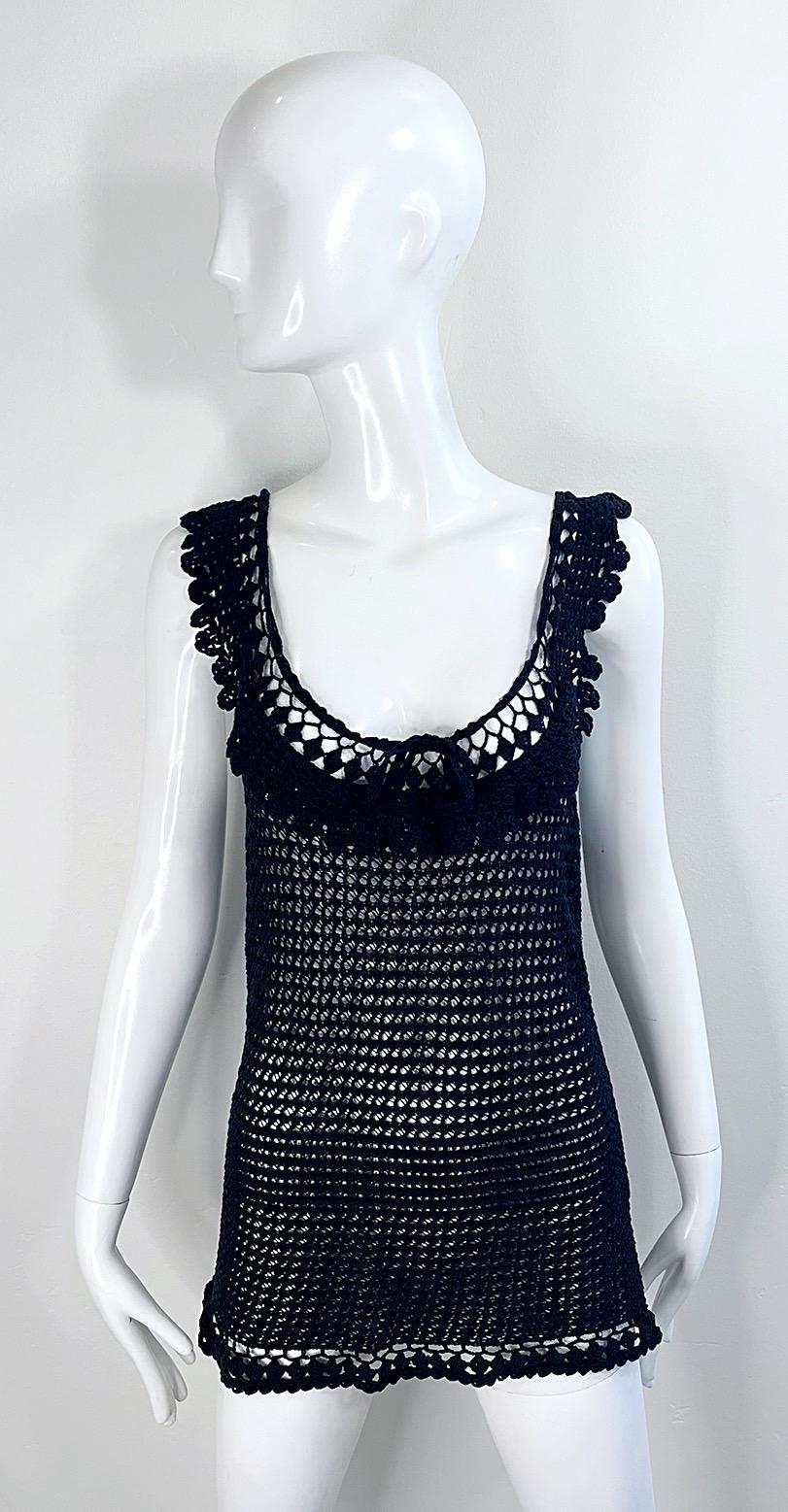 Blumarine 2000s Schwarz Crochet Semi Sheer Größe 46 Tunika Top Mini Kleid Y2K Damen im Angebot