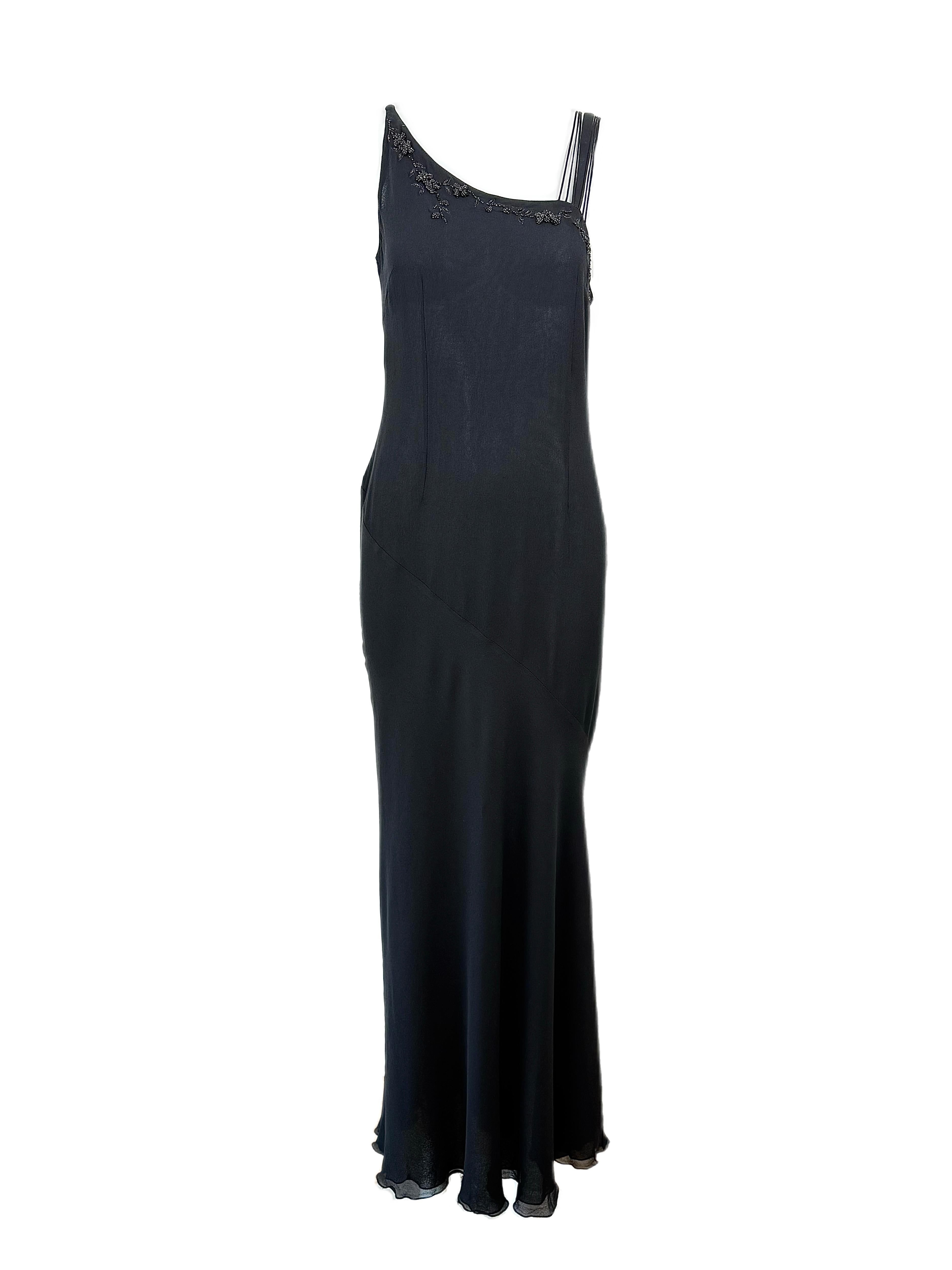 Blumarine
SS03
Vintage
Runway
Jet black
100% silk
Hidden side zip
Delicate floral beading
Thick strap added
IT44
Excellent Condition, no flaws
Measurements in inches laying flat: length 55 in the front, 58 back, pit to pit 15 to 16.5, smallest of