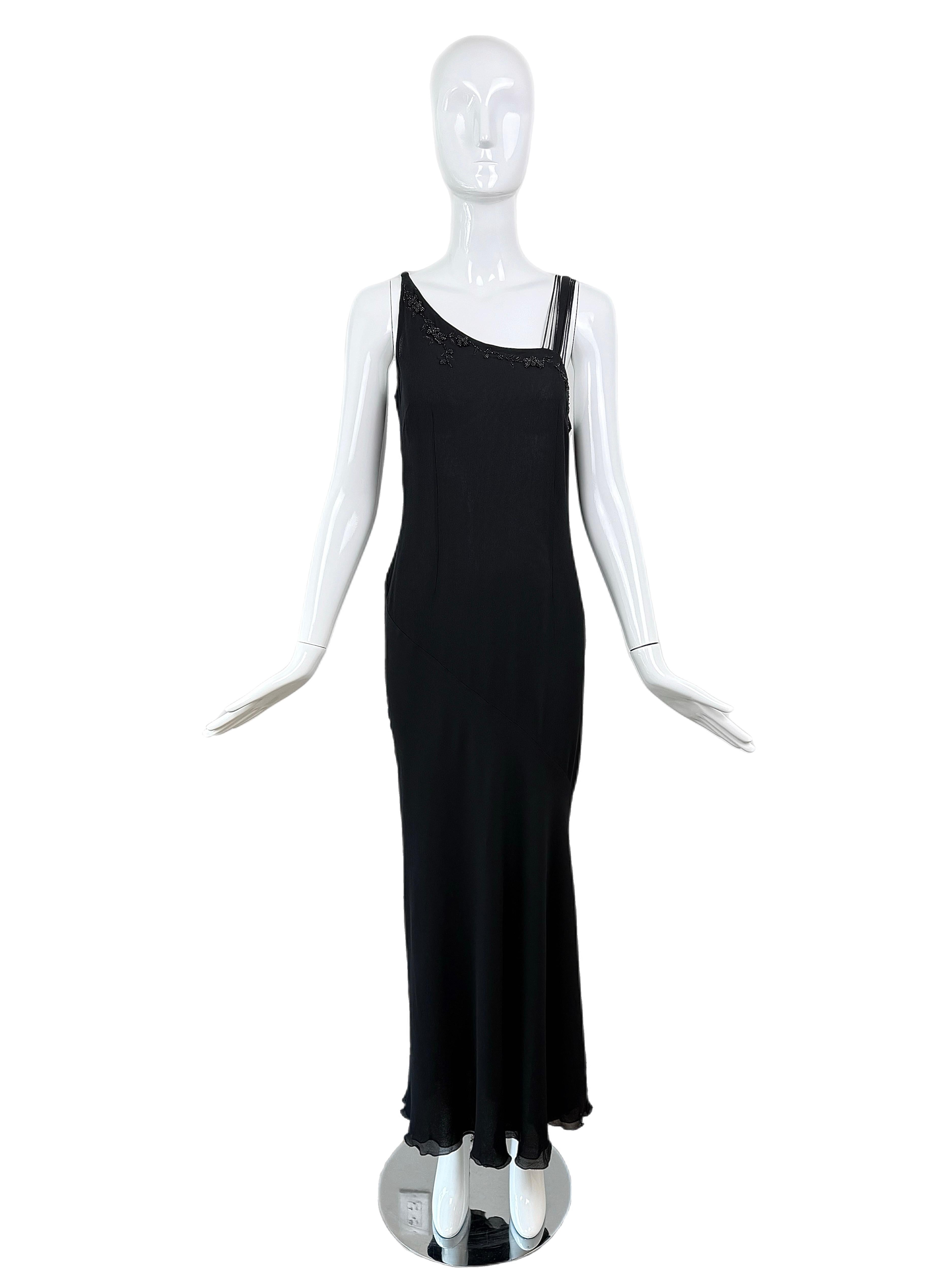 BLUMARINE 2003 Vintage Runway Black Silk Gown Maxi Dress Bead Embellished In Excellent Condition For Sale In Leonardo, NJ