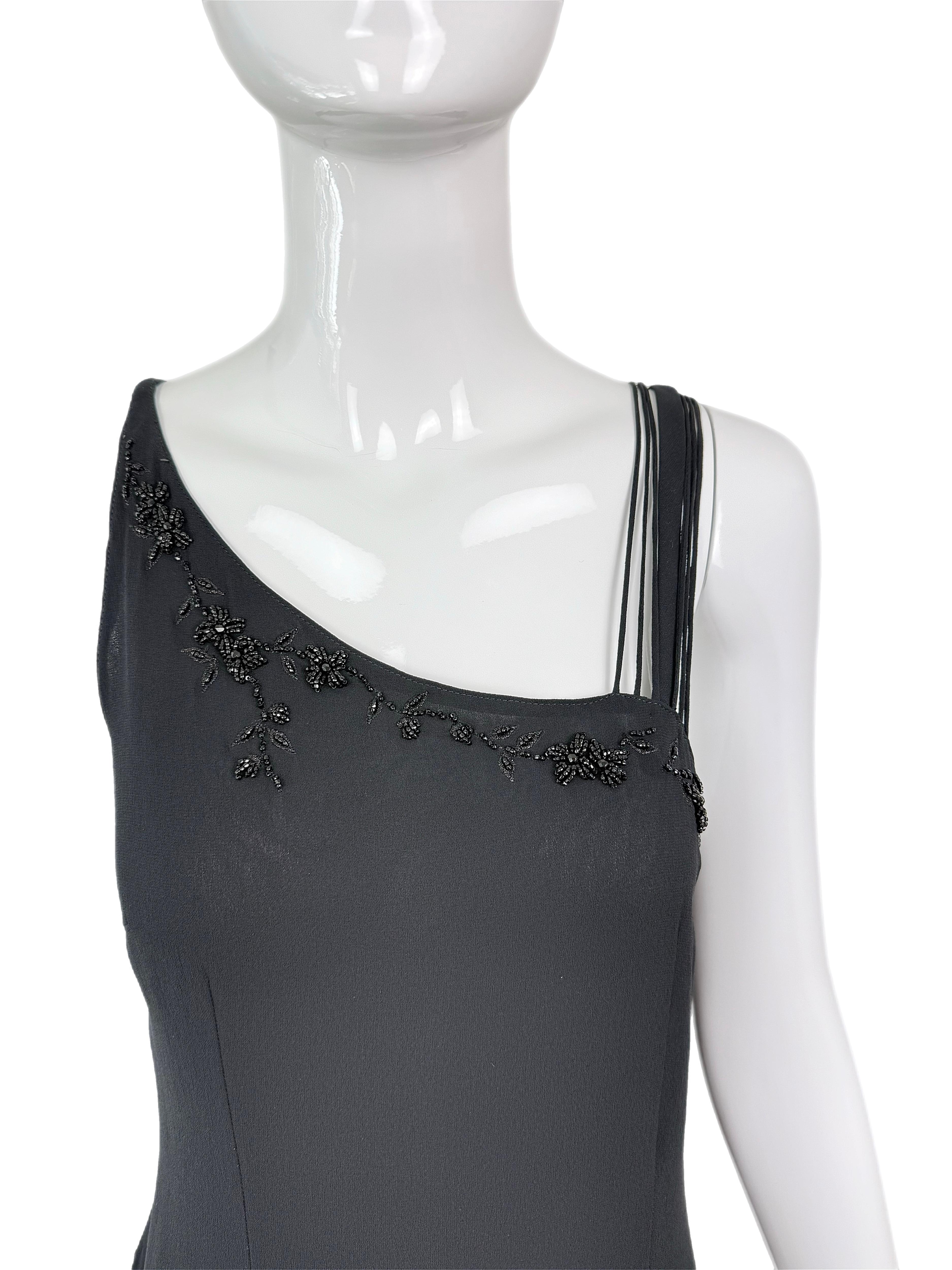 Women's BLUMARINE 2003 Vintage Runway Black Silk Gown Maxi Dress Bead Embellished For Sale