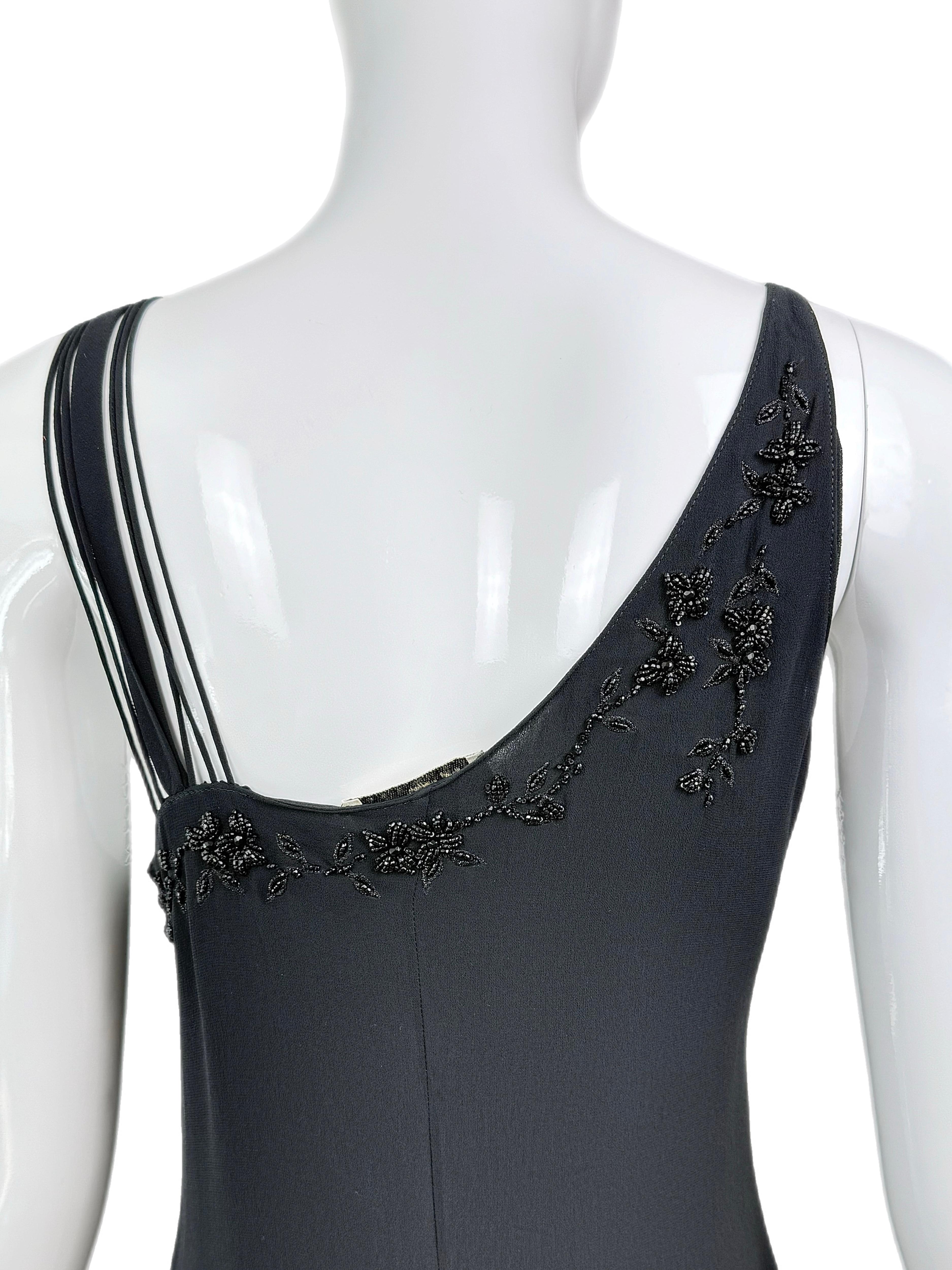 BLUMARINE 2003 Vintage Runway Black Silk Gown Maxi Dress Bead Embellished For Sale 1
