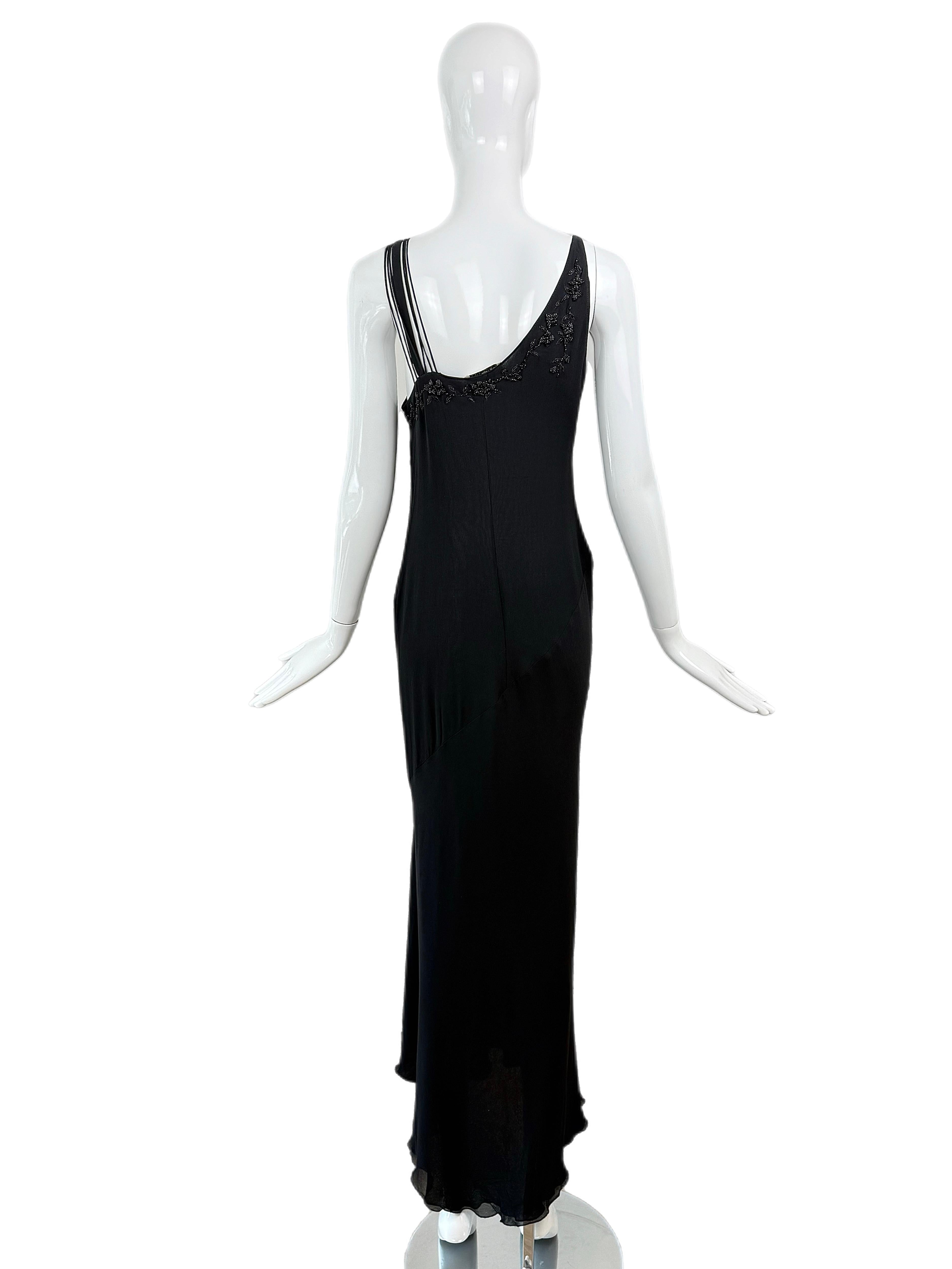 BLUMARINE 2003 Vintage Runway Black Silk Gown Maxi Dress Bead Embellished For Sale 2
