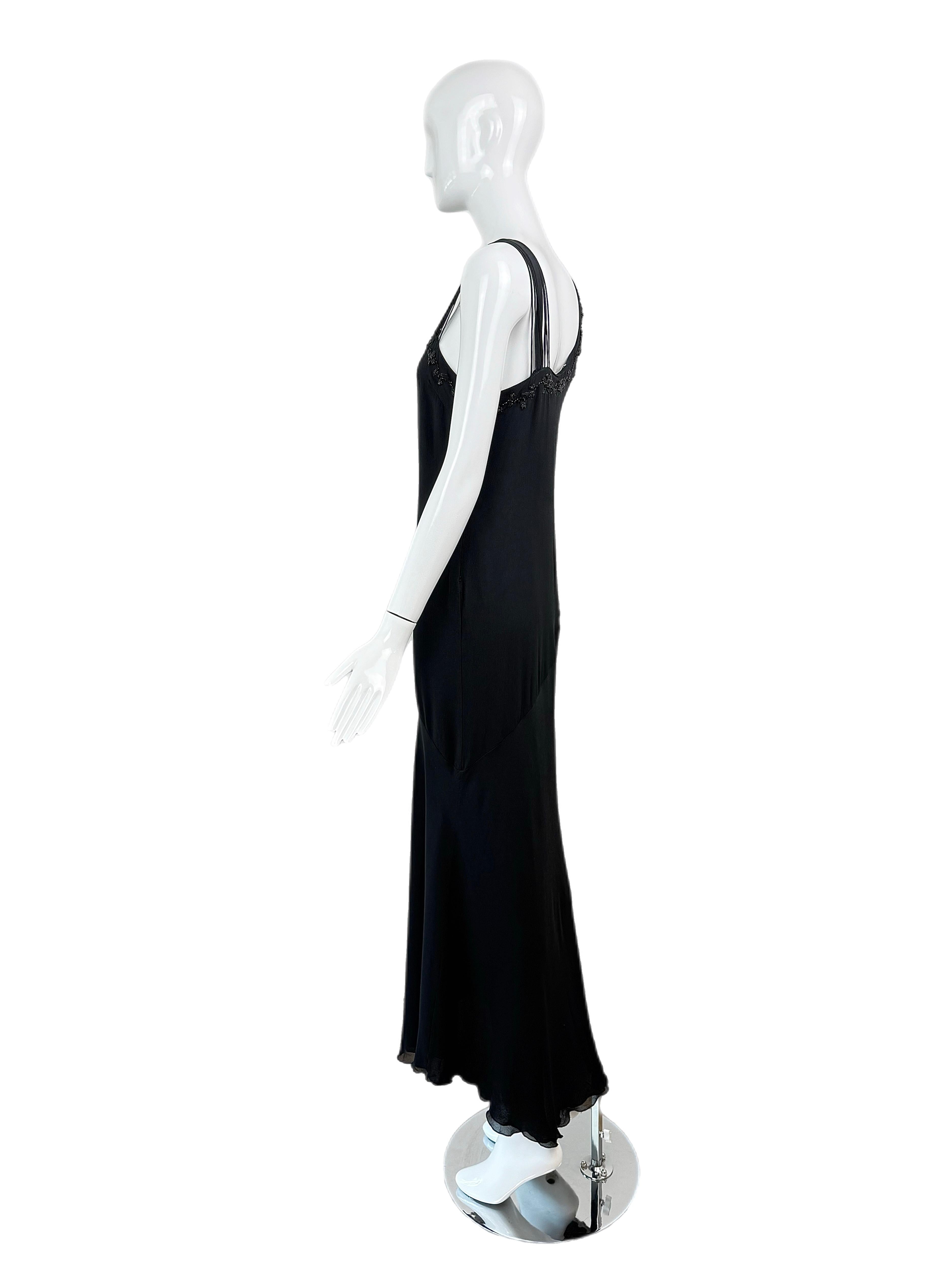 BLUMARINE 2003 Vintage Runway Black Silk Gown Maxi Dress Bead Embellished For Sale 3