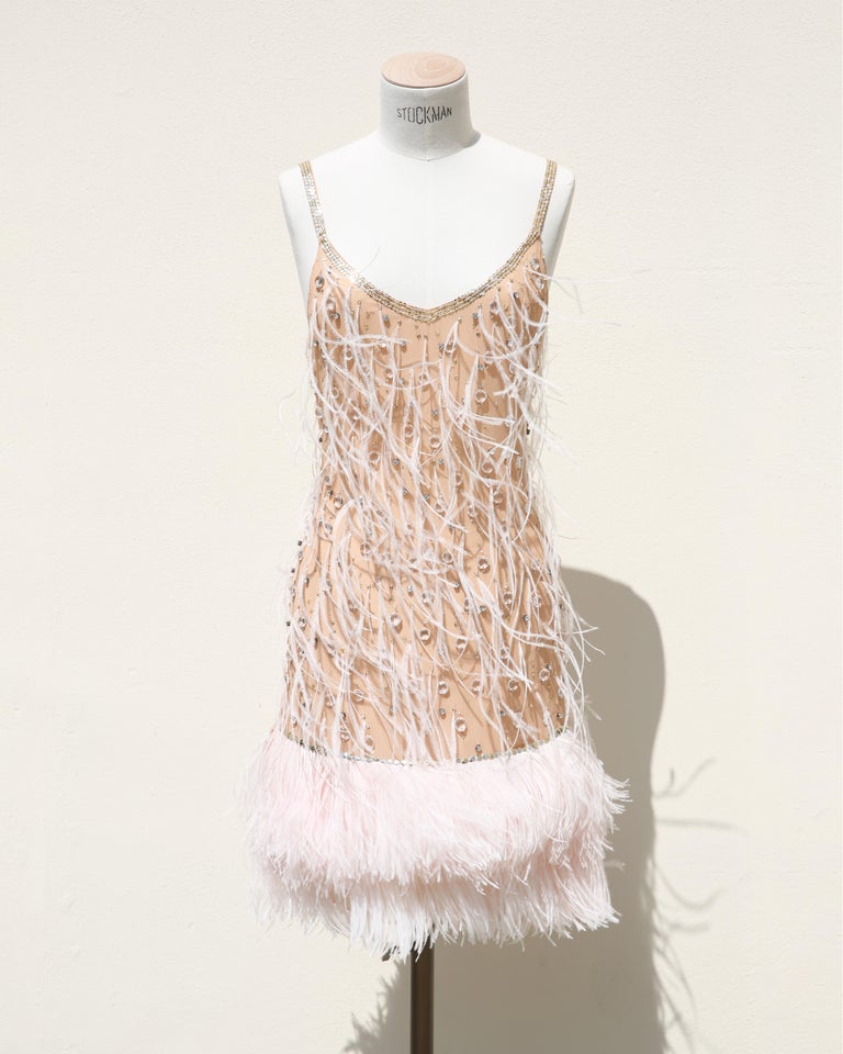 blumarine sequinned fringed mini dress Blumarine 2008 pink peach silk sequin ostrich feather wedding mini gown  dress For Sale at 1stDibs