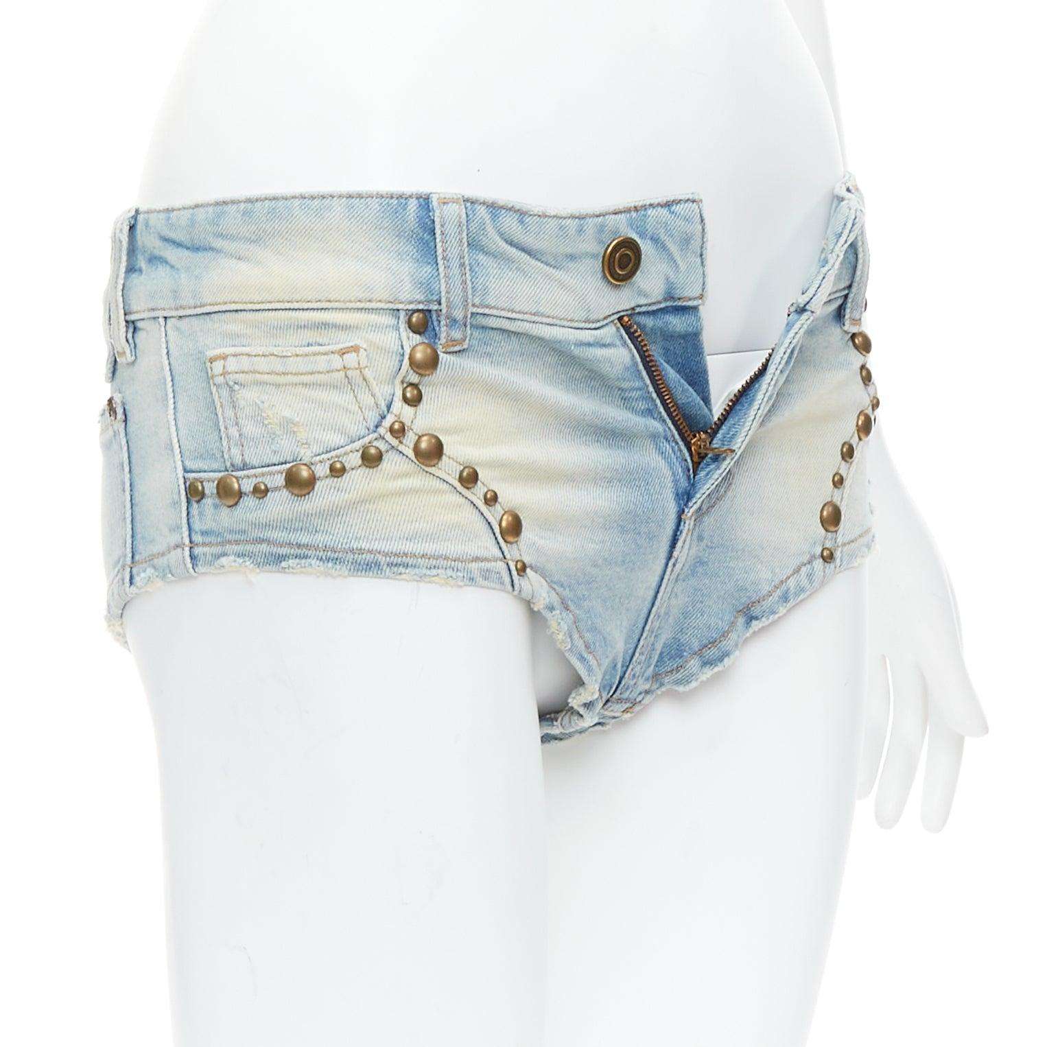 Gray BLUMARINE 2024 blue washed bronze studded high cut panty shorts IT38 XS For Sale