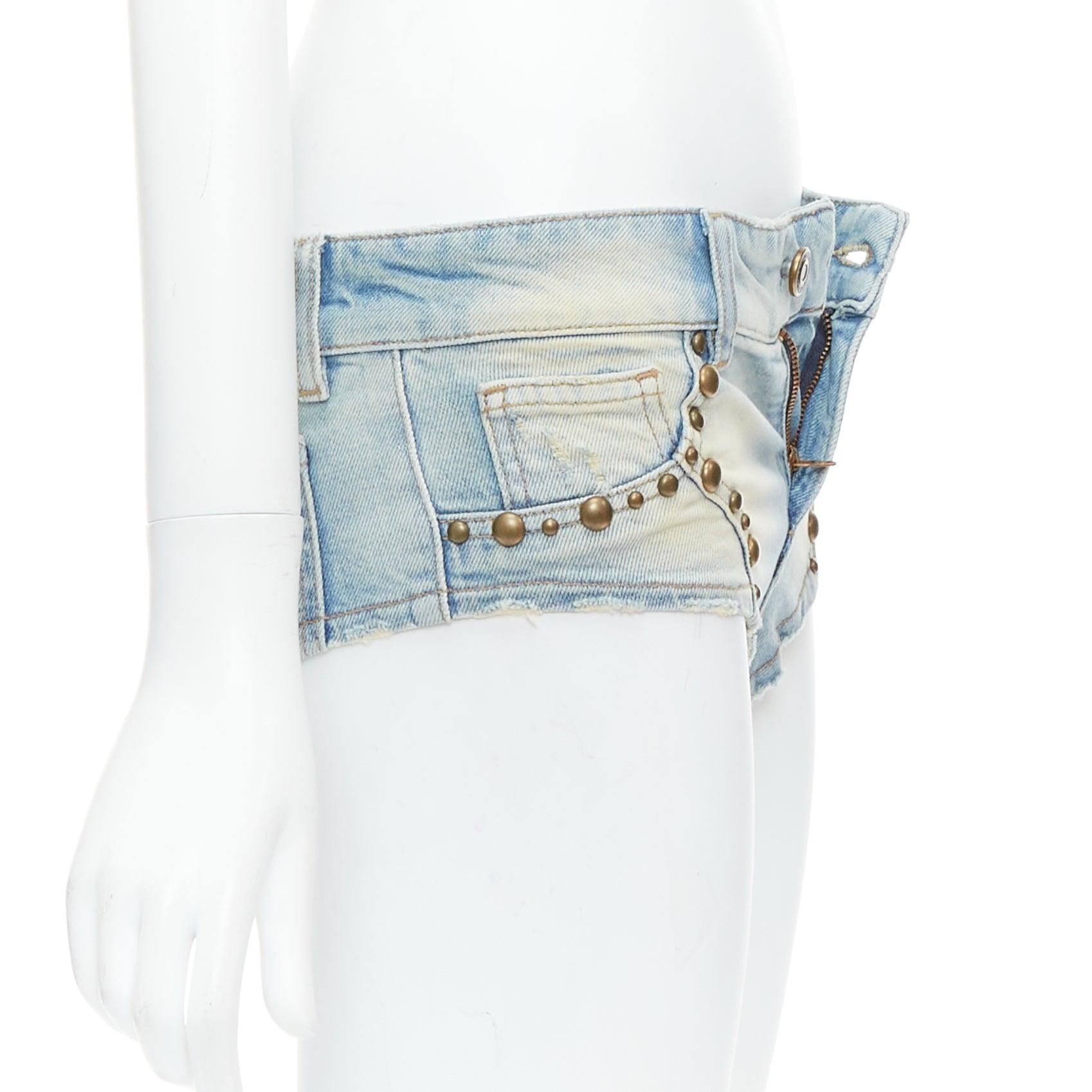BLUMARINE 2024 blue washed bronze studded high cut panty shorts IT38 XS In Excellent Condition For Sale In Hong Kong, NT