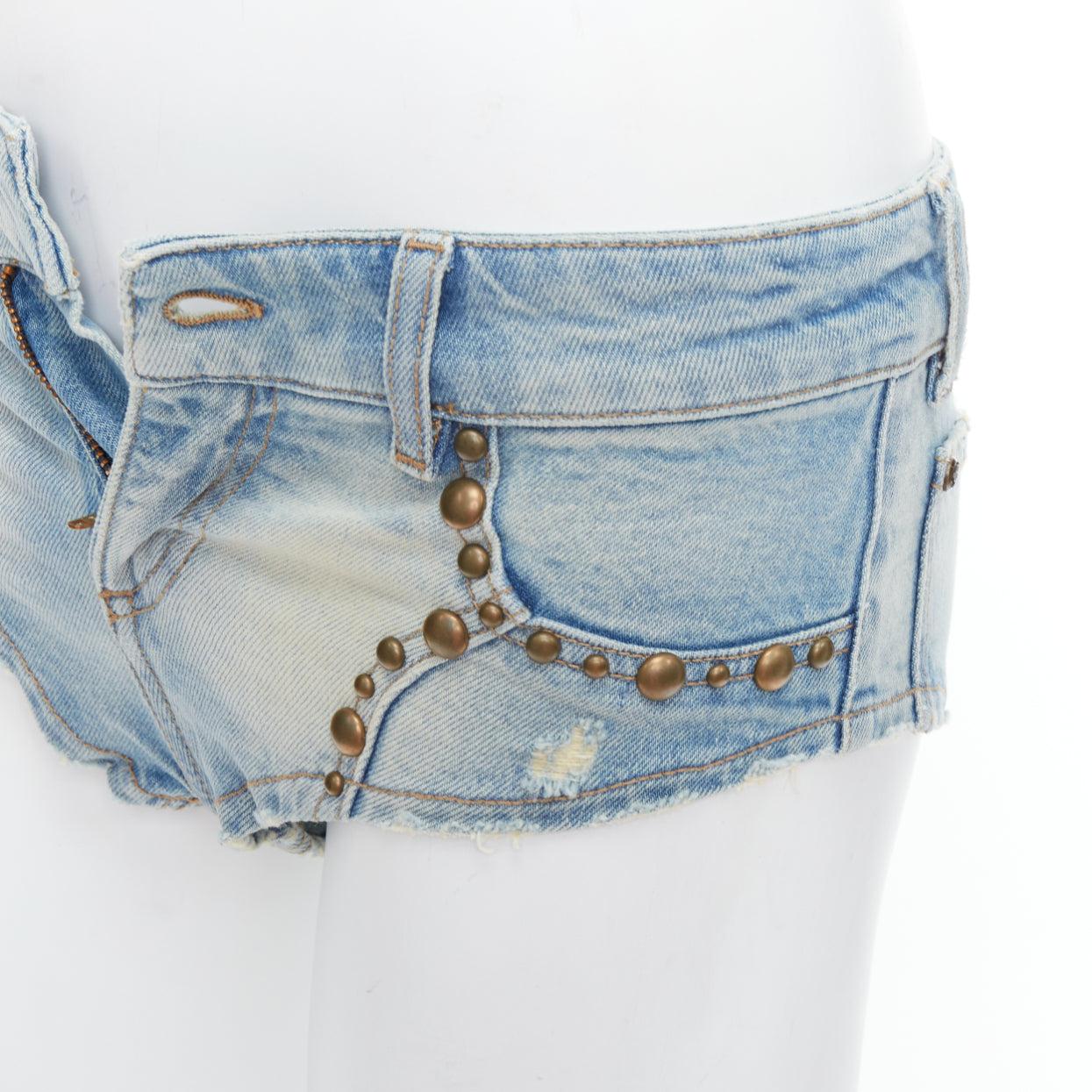 BLUMARINE 2024 blue washed bronze studded high cut panty shorts IT38 XS For Sale 2