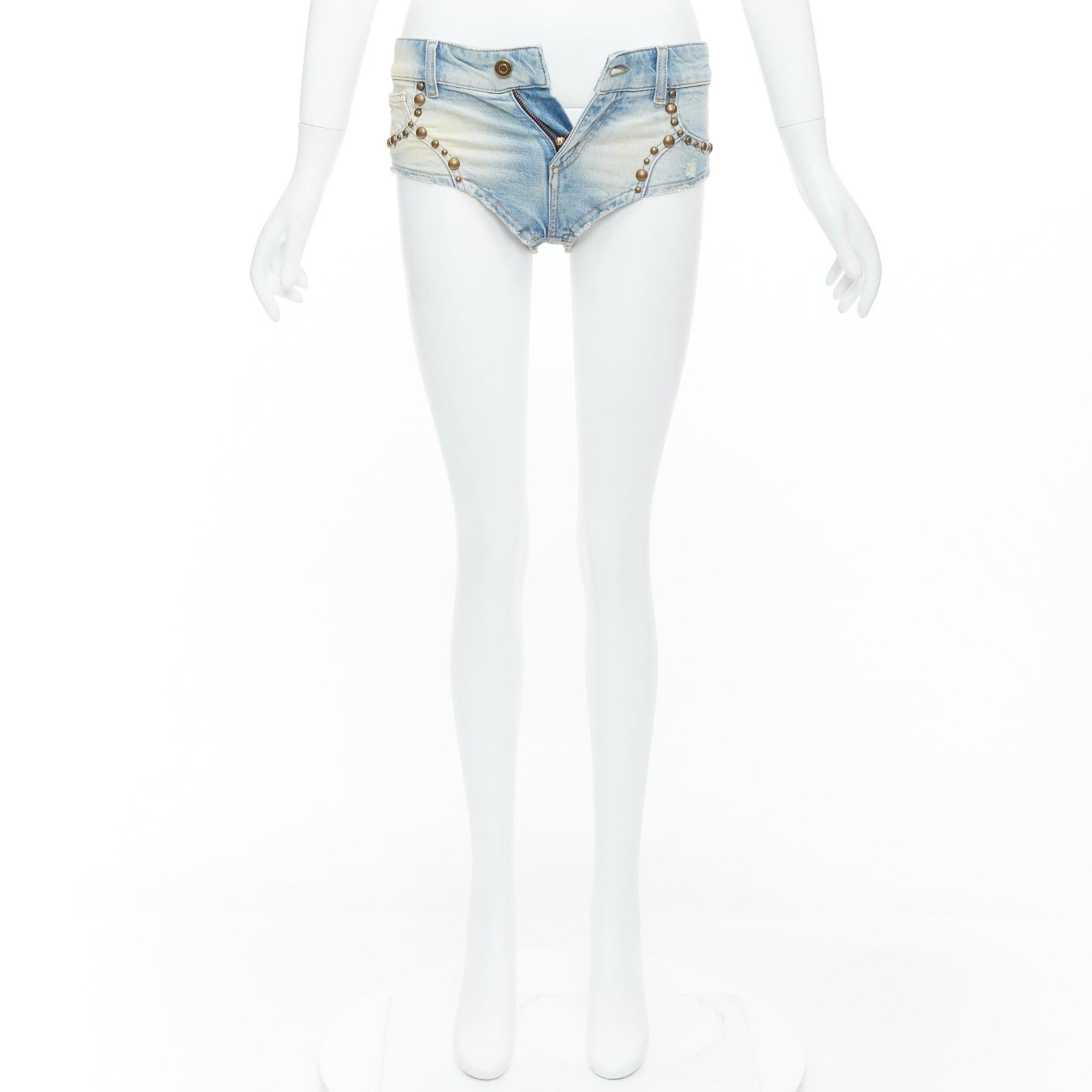 BLUMARINE 2024 blue washed bronze studded high cut panty shorts IT38 XS For Sale 4