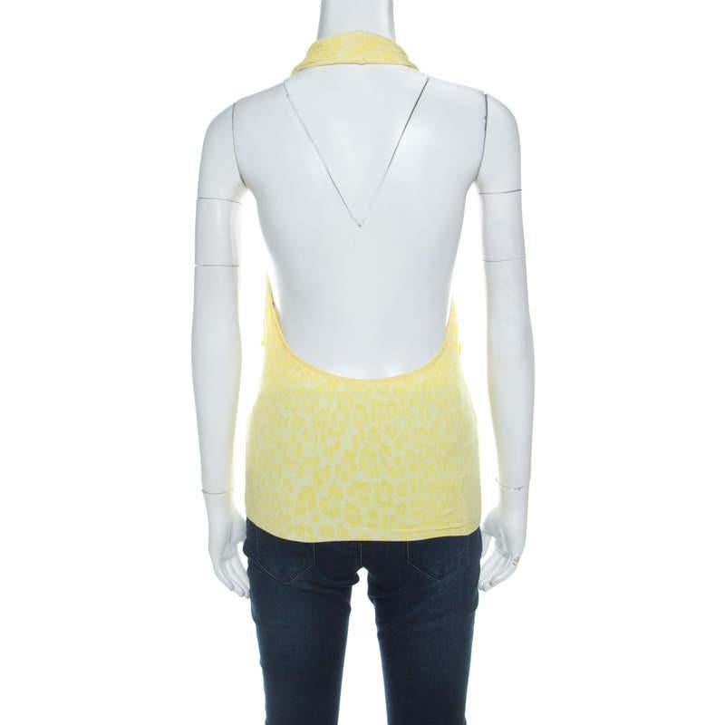 Yellow Blumarine Animal Patterned Jacquard Bead Embellished Backless Halter Top M