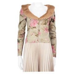 Blumarine Anna Molinari Beige Strickjacke mit Blumendruck und Kunstpelzkragen Größe S