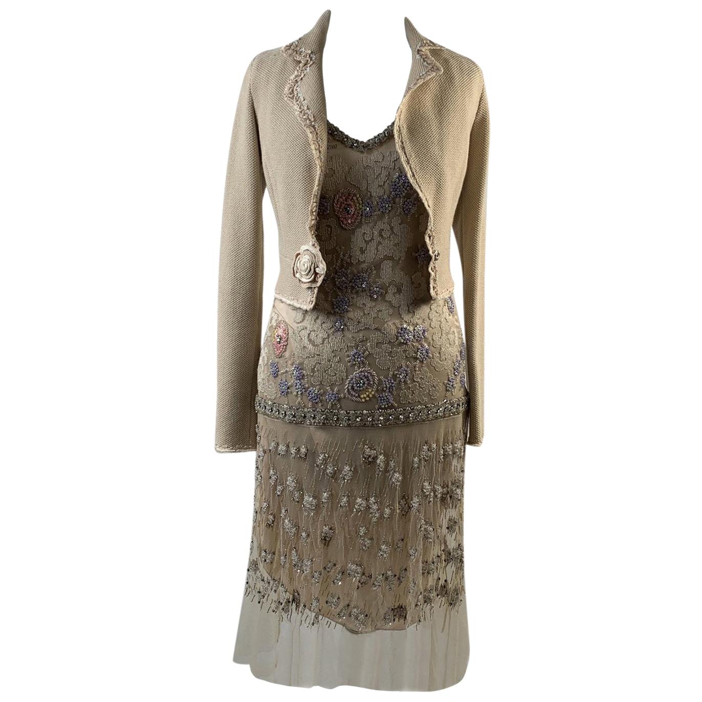 Blumarine Beige Beaded Midi Embellished Dress Set with Jacket