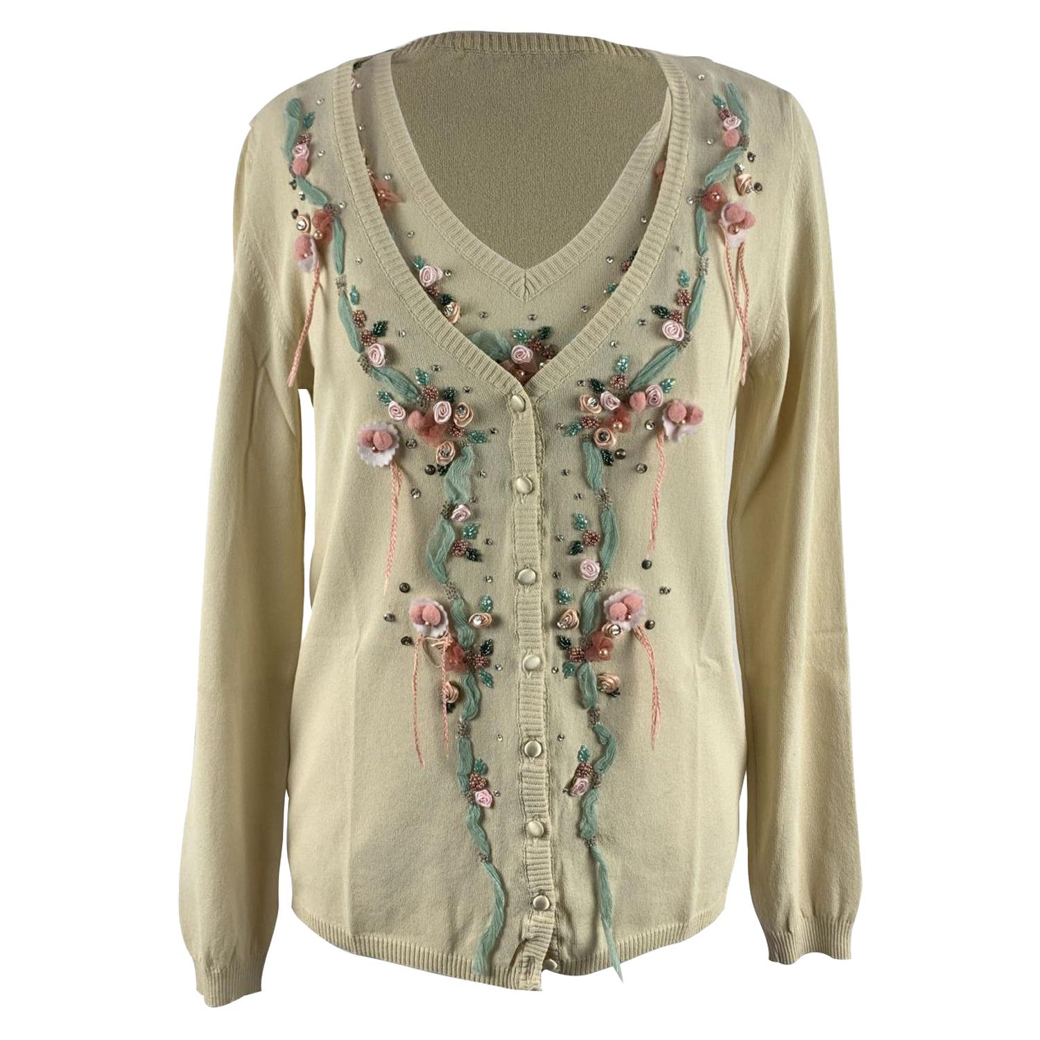 Blumarine Beige Viscose Floral Cardigan and Top Twin Set Size 46 IT