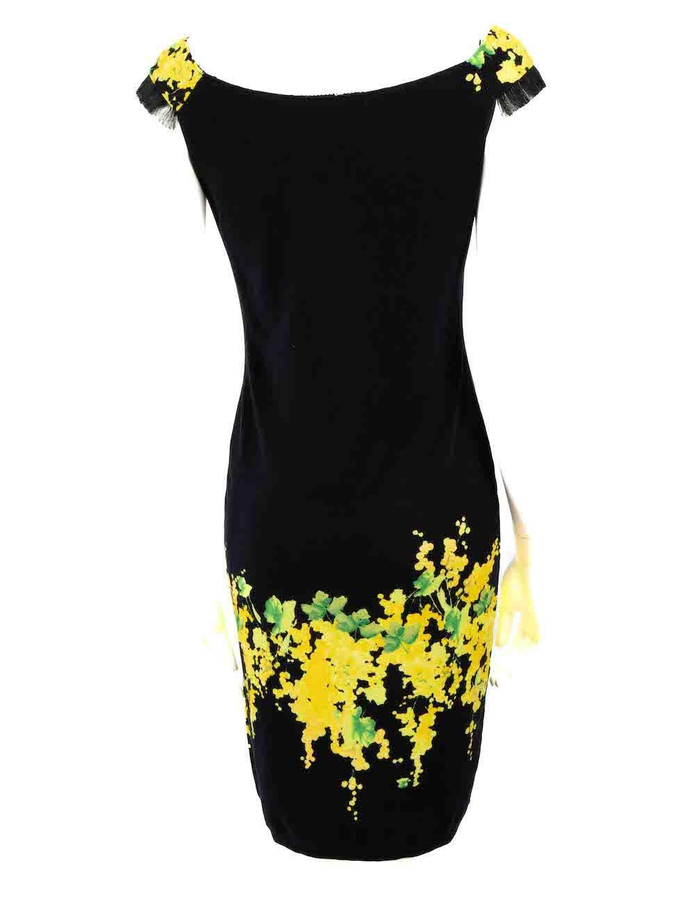 Blumarine Black Floral Fringed Knee Length Dress Size M In Good Condition In London, GB