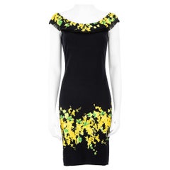 Blumarine Schwarzes Knielanges Kleid mit Blumenmuster und Fransen Größe M