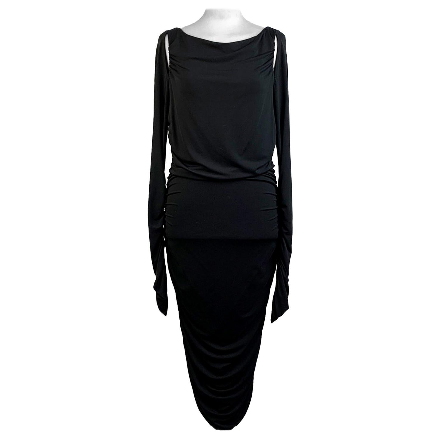 Blumarine Black Jersey Long Sleeve Ruched Sides Dress Size 44