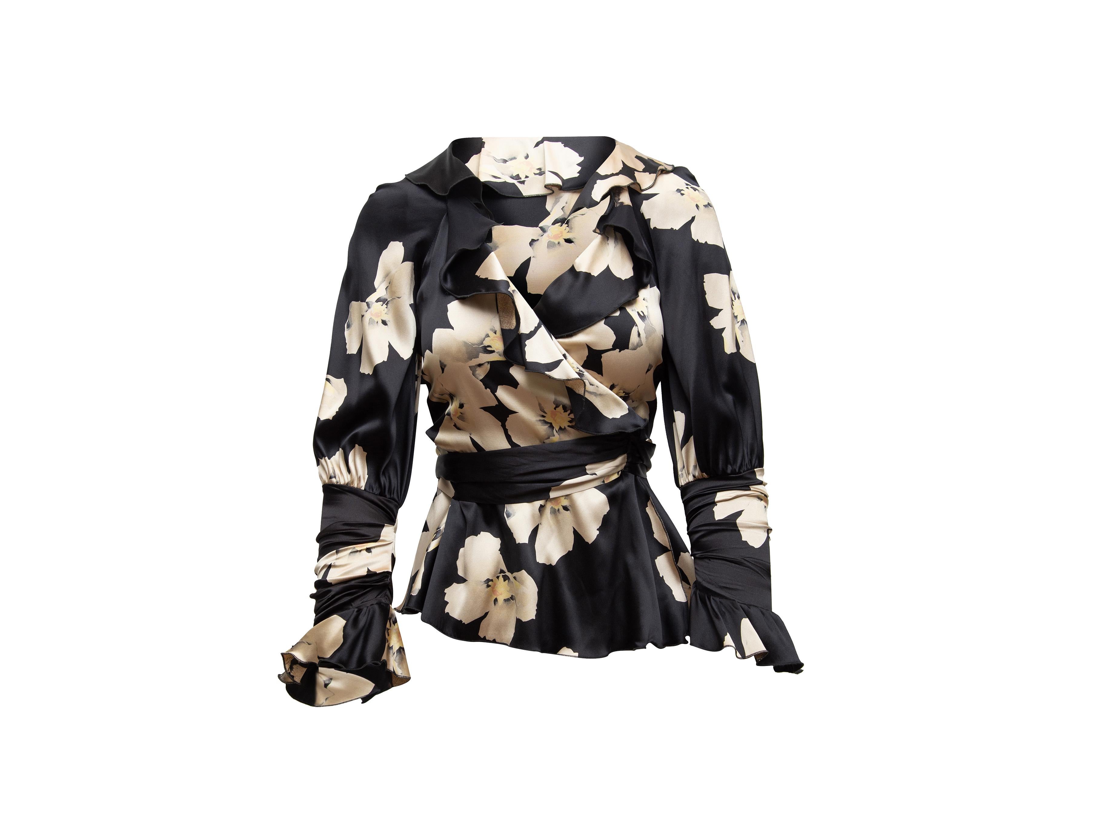 Blumarine Black & White Floral Print Silk Blouse In Good Condition In New York, NY