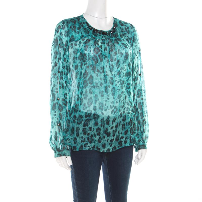 Blumarine Blue and Black Animal Printed Silk Embellished Neck Blouse M In Good Condition In Dubai, Al Qouz 2