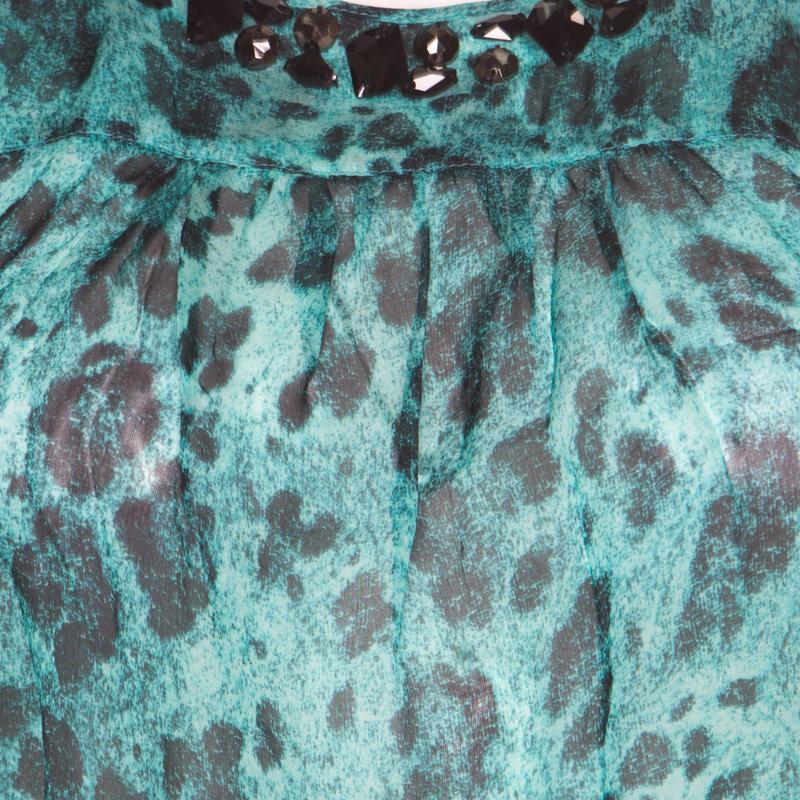Women's Blumarine Blue and Black Animal Printed Silk Embellished Neck Blouse M
