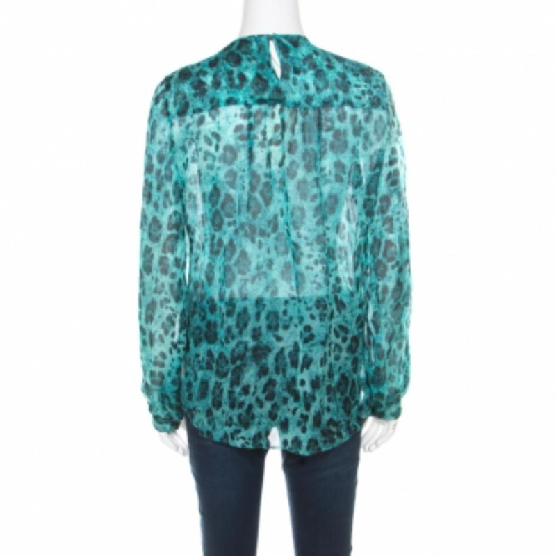 Blumarine Blusa Cuello Adornado Seda Estampada Animales Azul y Negro M en venta 2