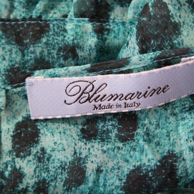 Blumarine Blue and Black Animal Printed Silk Embellished Neck Blouse M ...