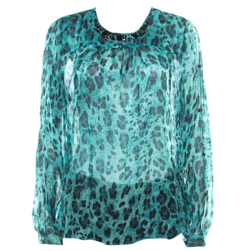 Blumarine Blue and Black Animal Printed Silk Embellished Neck Blouse M For Sale