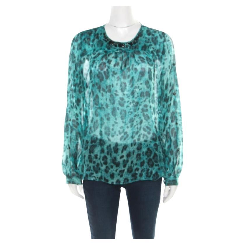 Blumarine Blusa Cuello Adornado Seda Estampada Animales Azul y Negro M en venta