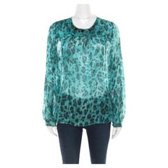 Blumarine Blue and Black Animal Printed Silk Embellished Neck Blouse M