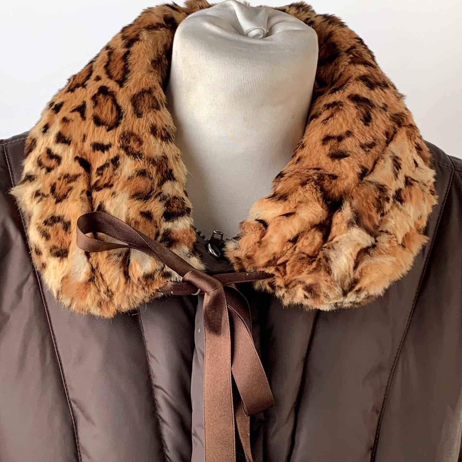 Black Blumarine Brown Padded Down Jacket with Leopard Faux Fur Trim Size 44