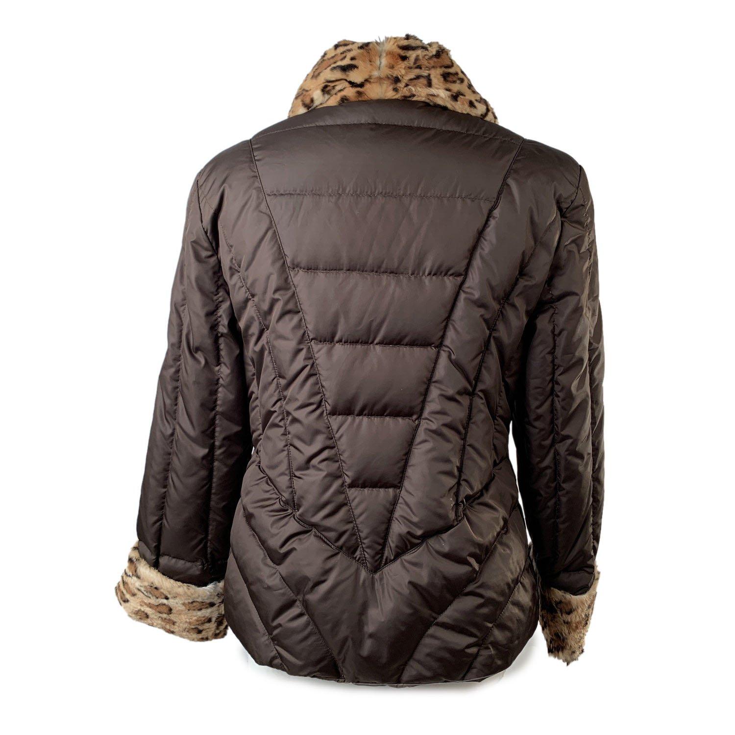 Blumarine Brown Padded Down Jacket with Leopard Faux Fur Trim Size 44 In Excellent Condition In Rome, Rome