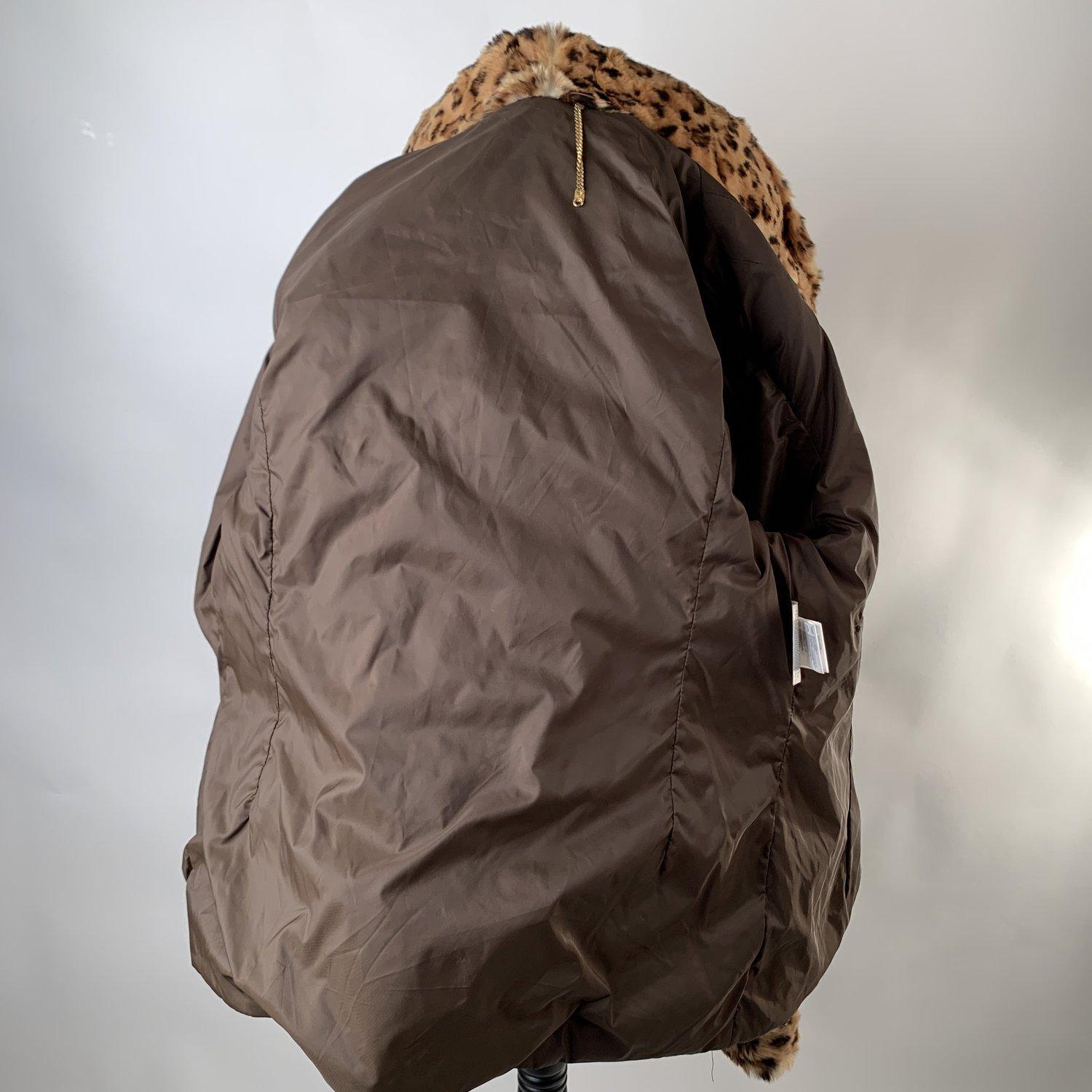 Women's Blumarine Brown Padded Down Jacket with Leopard Faux Fur Trim Size 44