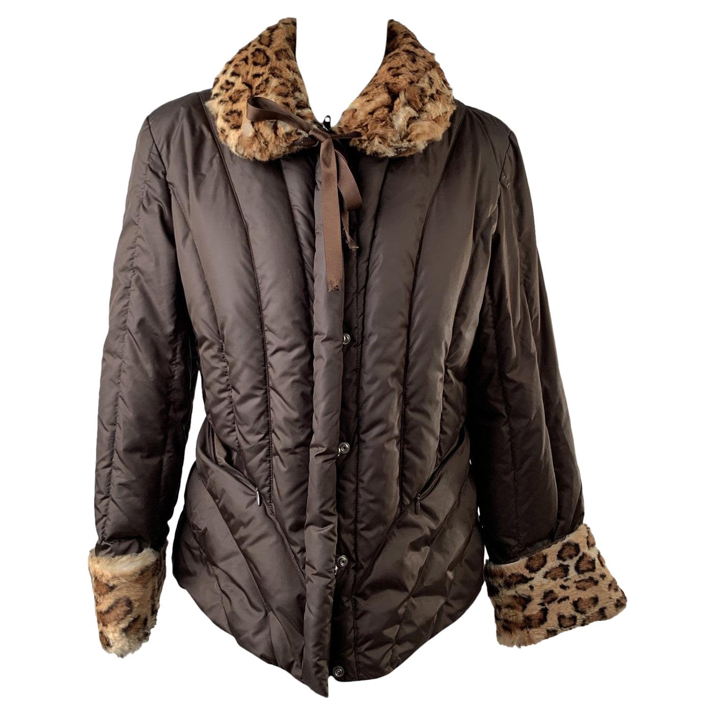 Blumarine Brown Padded Down Jacket with Leopard Faux Fur Trim Size 44