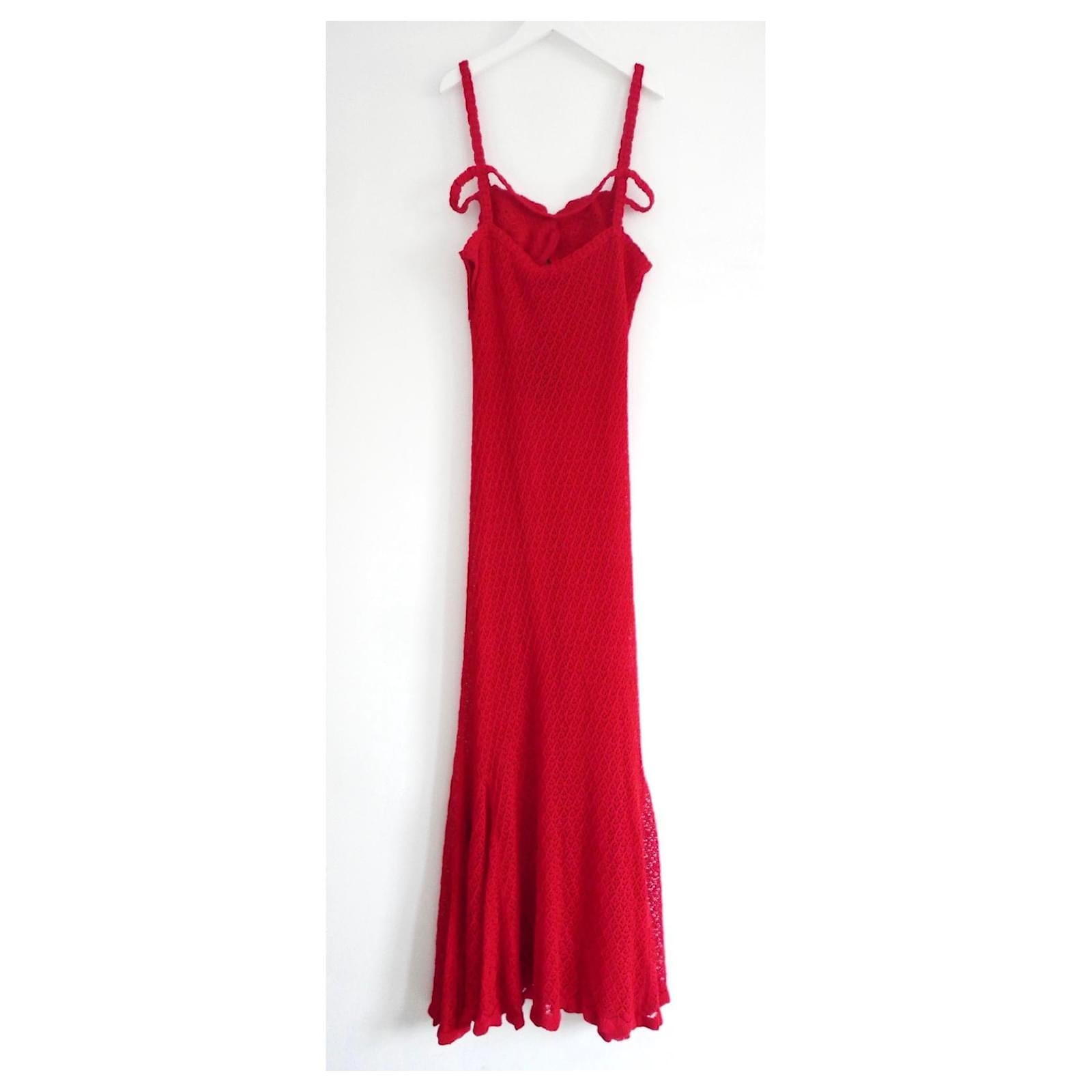 Women's Blumarine Bustier Style Red Crochet Knit Maxi Dress For Sale