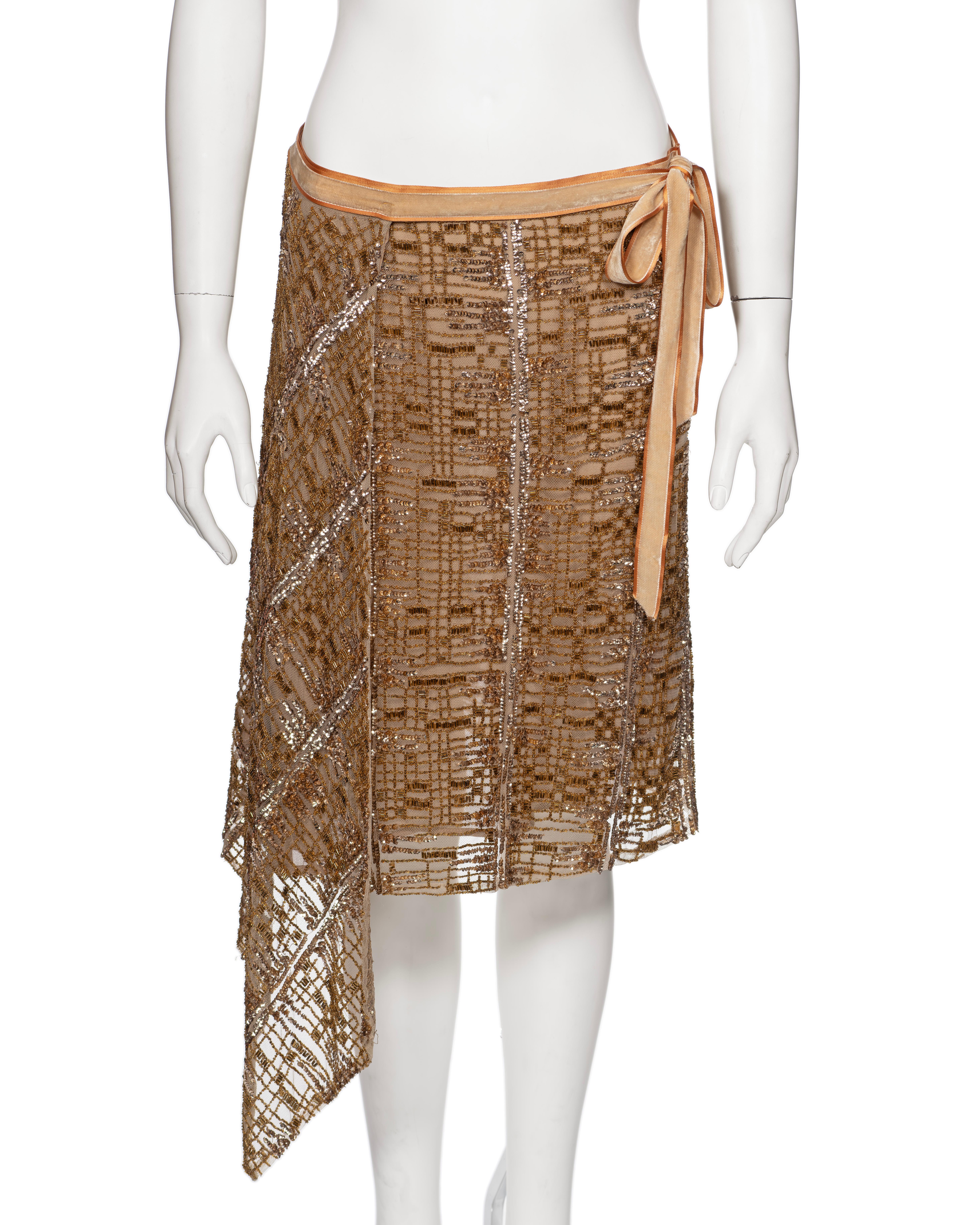 Marrone Blumarine by Anna Molinari Gonna a portafoglio con perline e paillettes in rame, FW 2001 in vendita