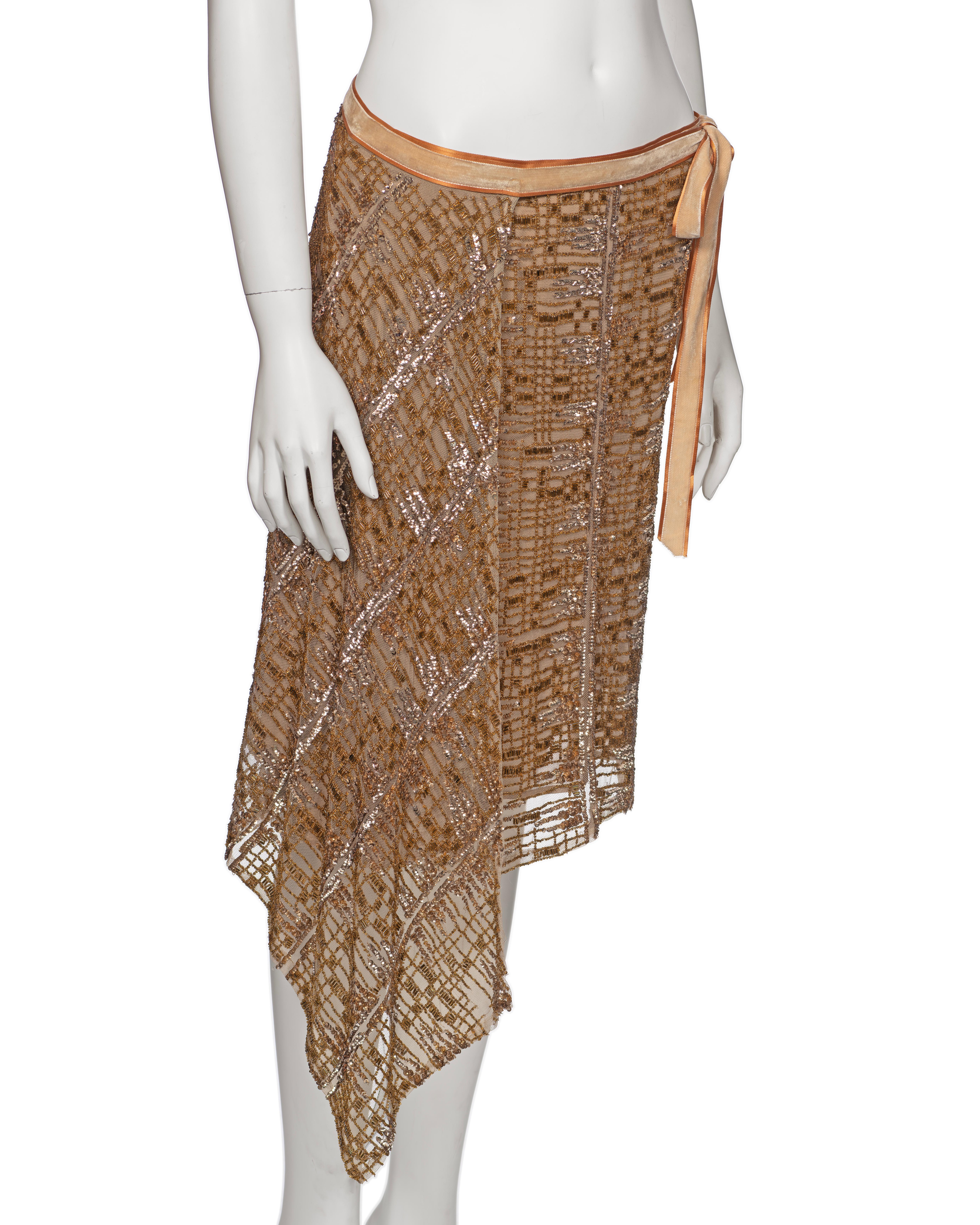 Blumarine by Anna Molinari Copper Beaded and Sequin Mesh Wrap Skirt, FW 2001 For Sale 2