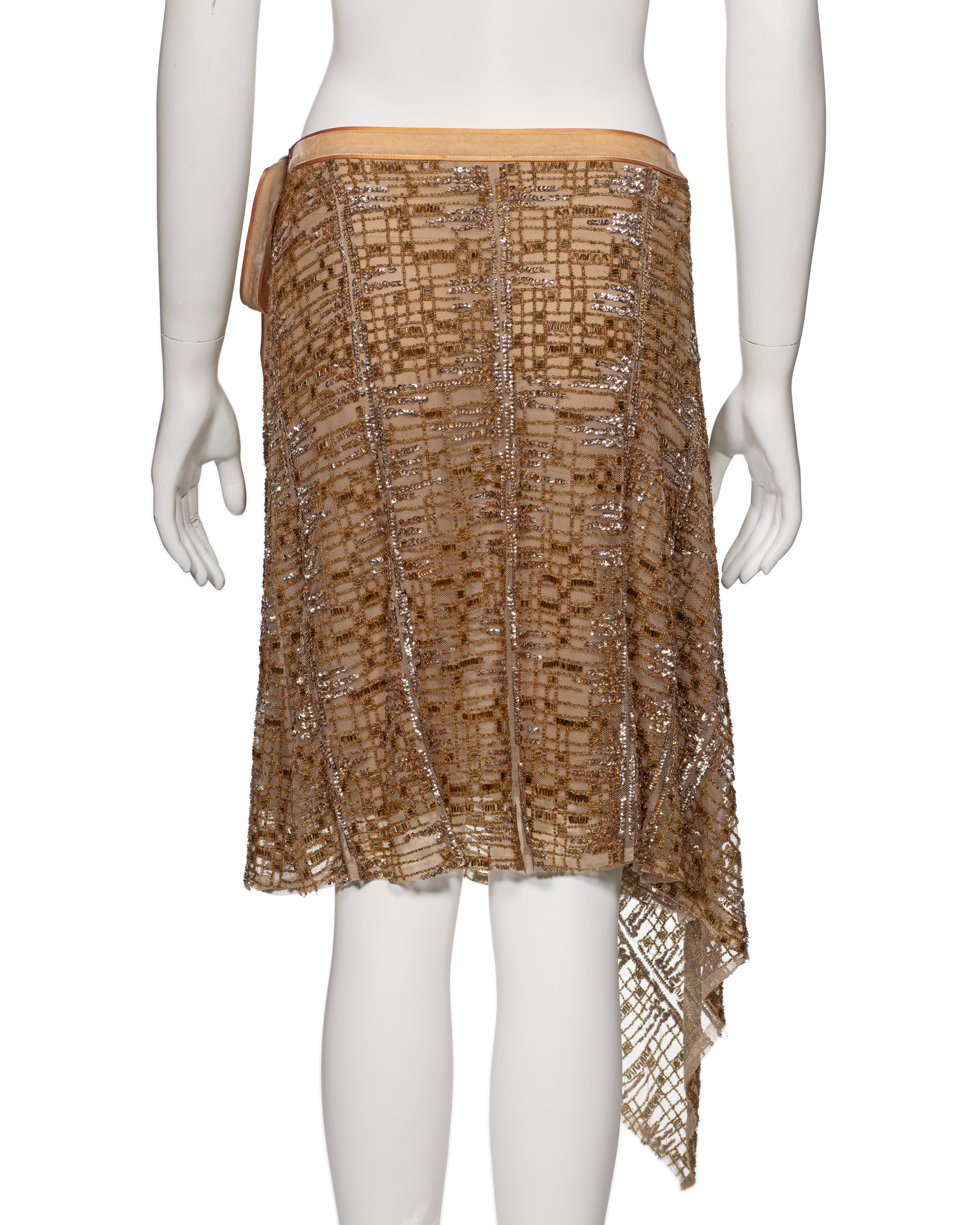 Blumarine by Anna Molinari Copper Beaded and Sequin Mesh Wrap Skirt, FW 2001 For Sale 4