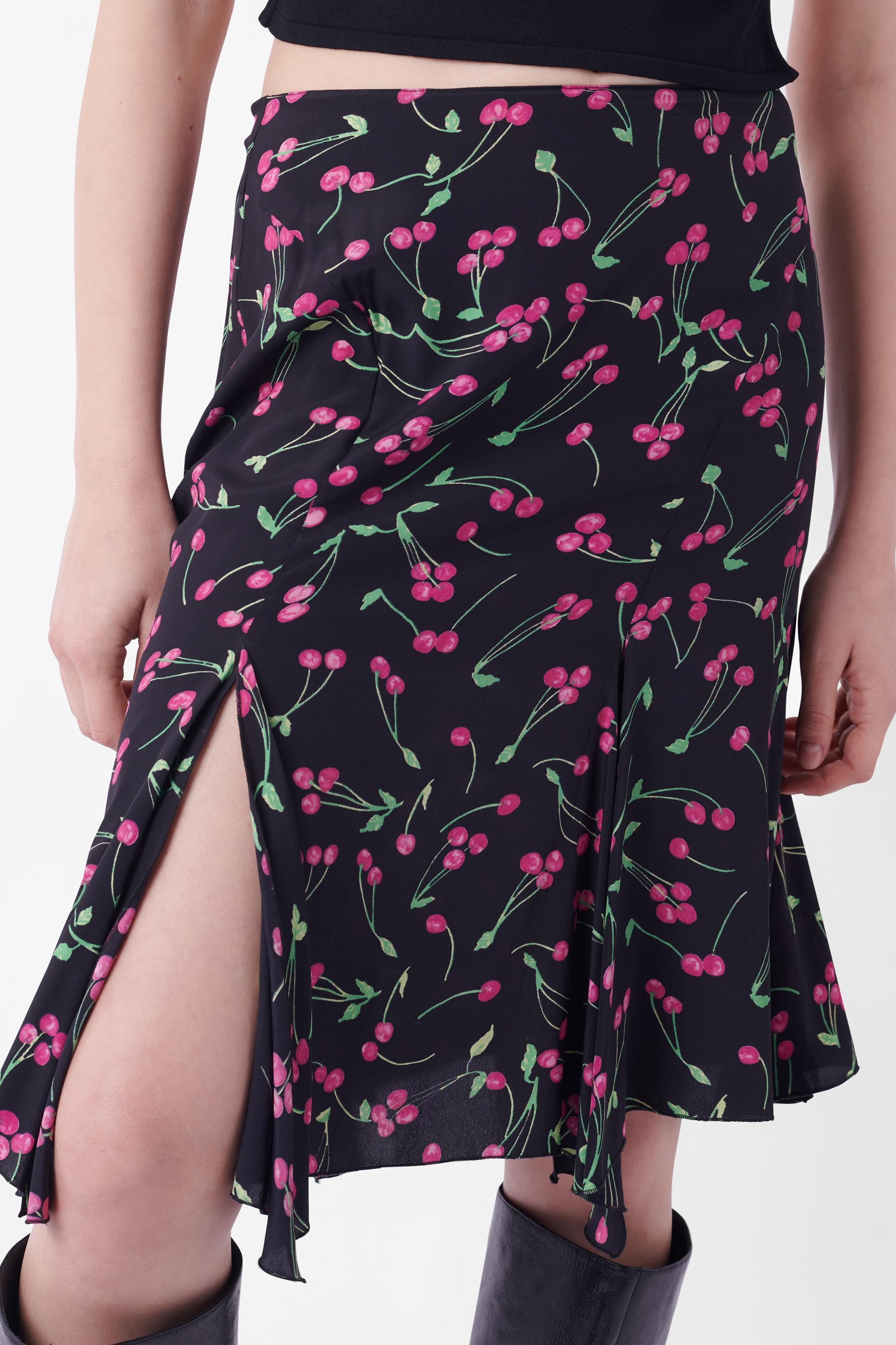 Black Blumarine Cherry Print Silk Skirt For Sale
