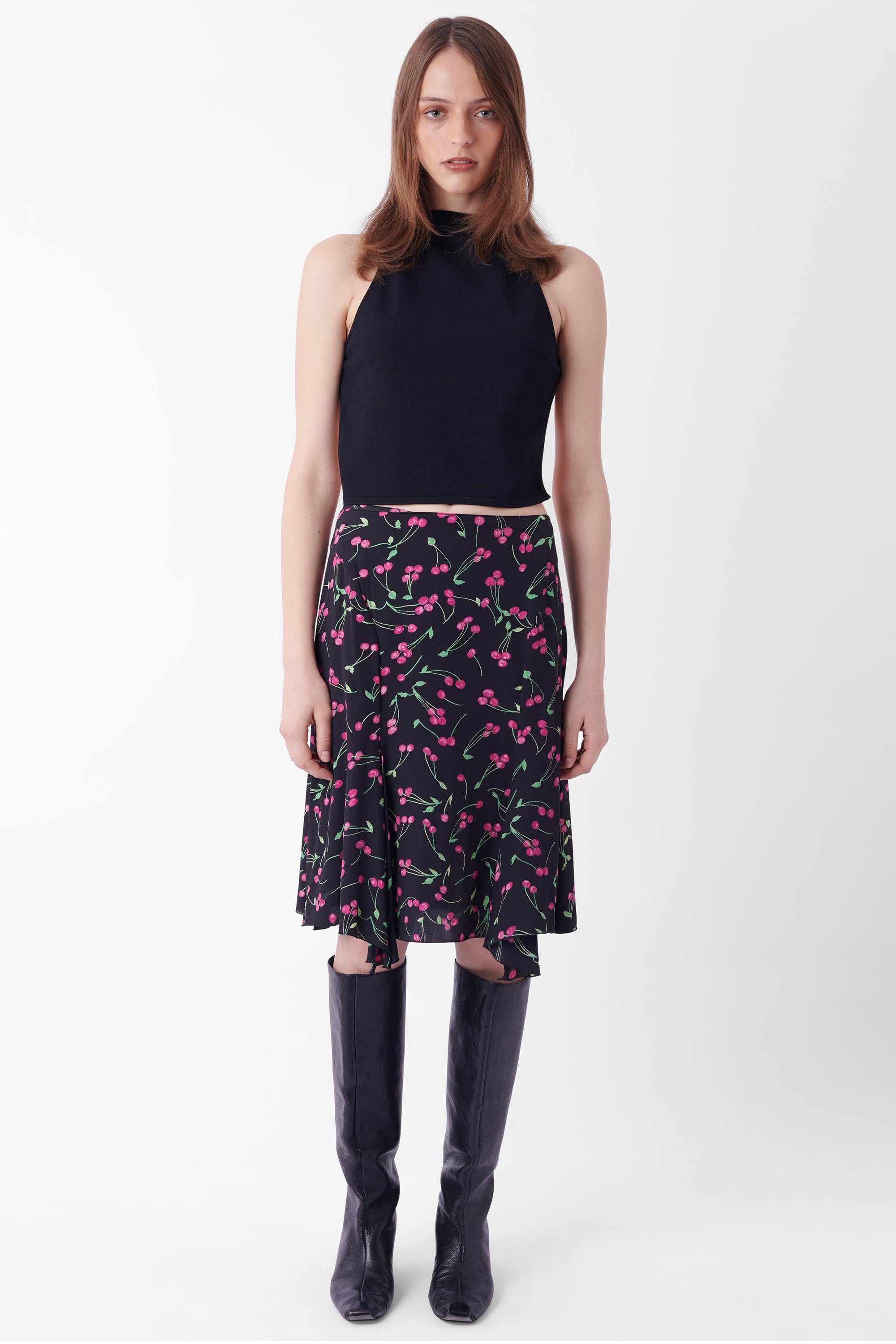 Blumarine Cherry Print Silk Skirt In Excellent Condition For Sale In London, GB