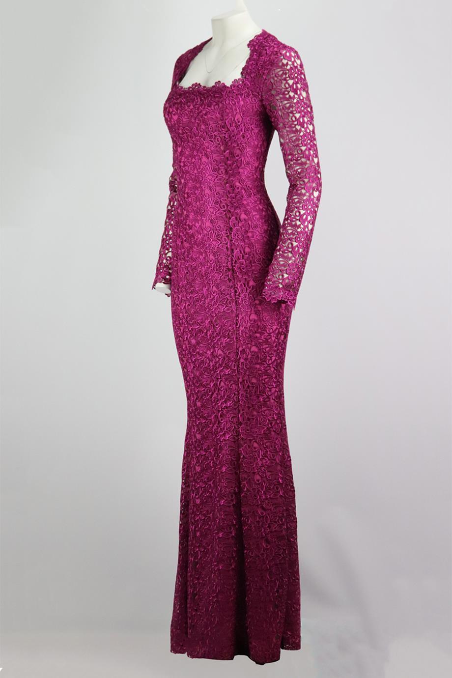 This gown by Blumarine is made from guipure lace, which is a signature fabric for the brand, it has a long skirt and falls to a maxi length. Purple guipure lace. Zip fastening at back. 100% Polyester; lining: 96% silk, 4% elastane. Size: IT 46 (UK