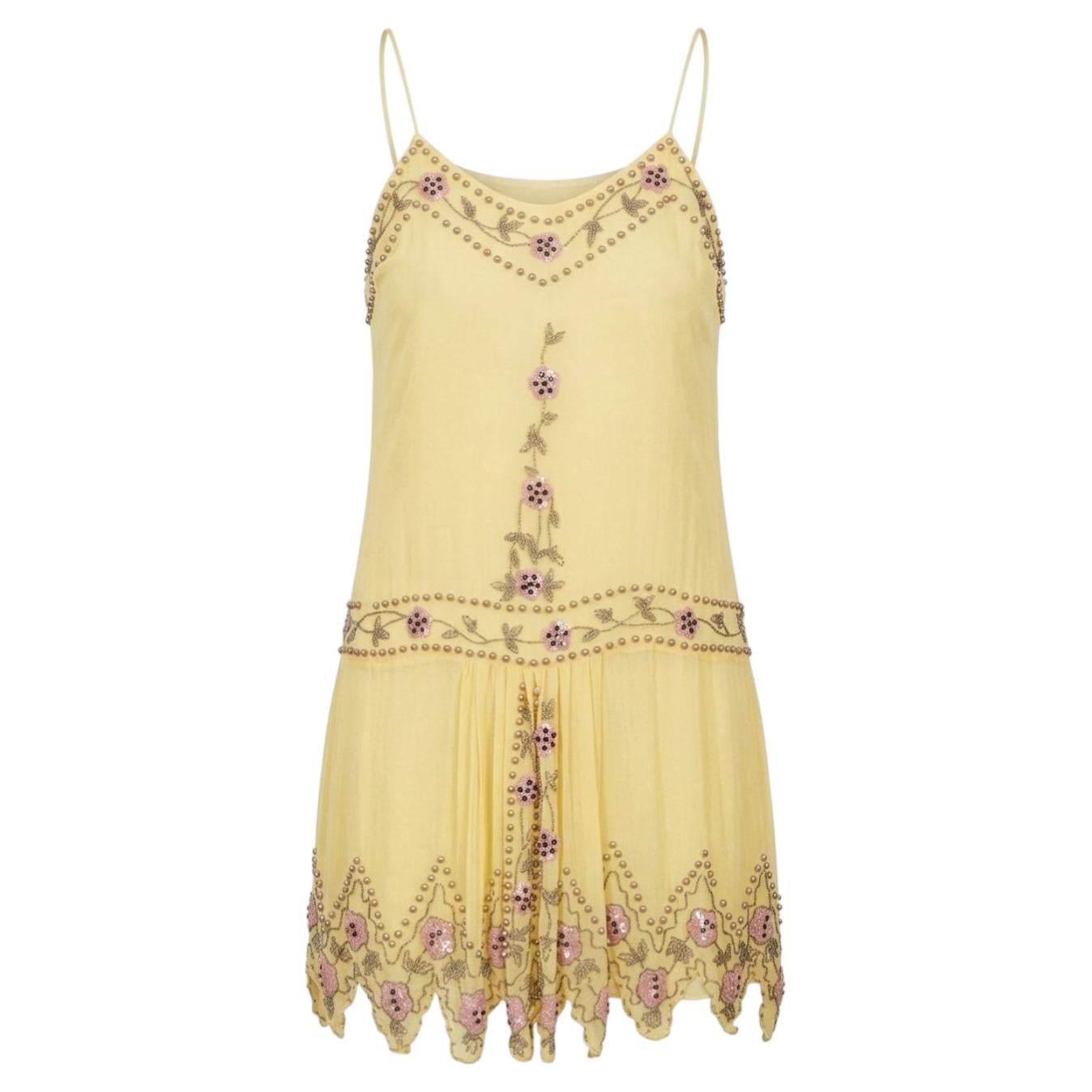 Blumarine Couture Spring 2004 Runway Butter Yellow Beaded Silk Dress & Slip