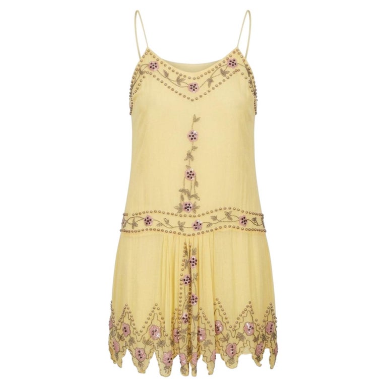 Blumarine Couture Spring 2004 Runway Butter Yellow Beaded Silk Dress and  Slip For Sale at 1stDibs