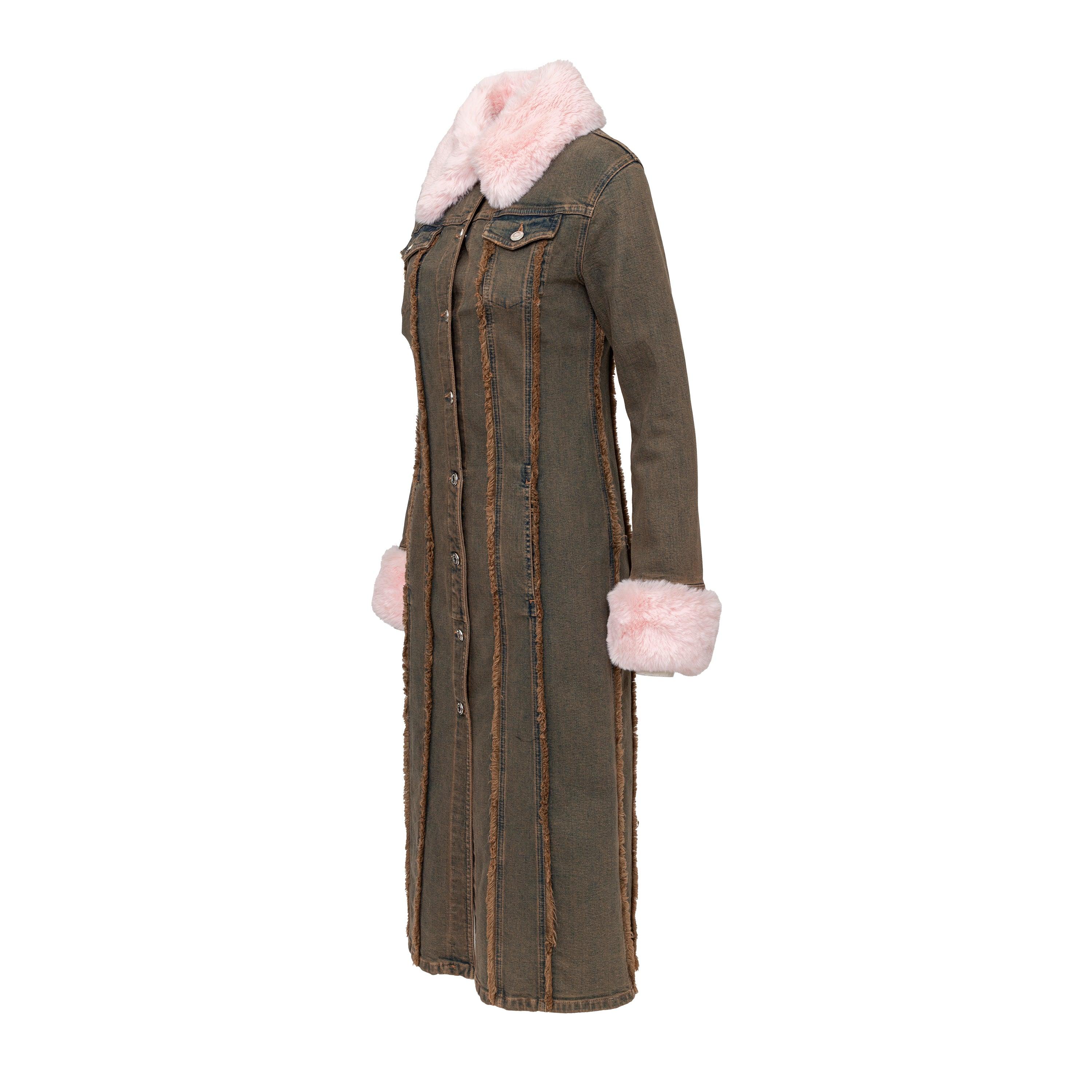 Transform your winter wardrobe with the Blumarine Denim Overcoat. Crafted from washed denim with brown hues, this long overcoat features fringed pleats for a touch of boho-chic. Enjoy added versatility with removable pink fur accents at the collar