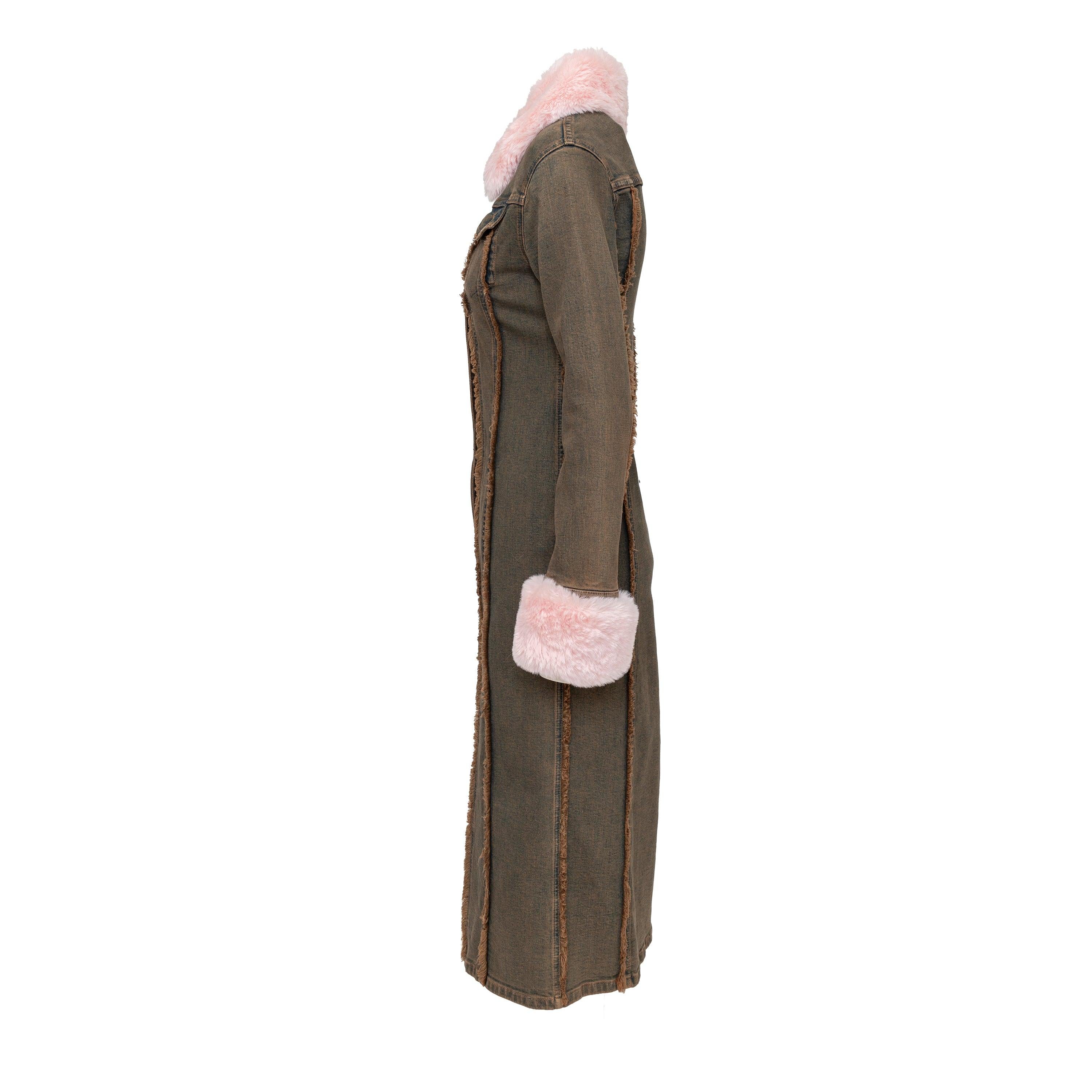 Black Blumarine Denim Overcoat with Faux Fur - '20s For Sale