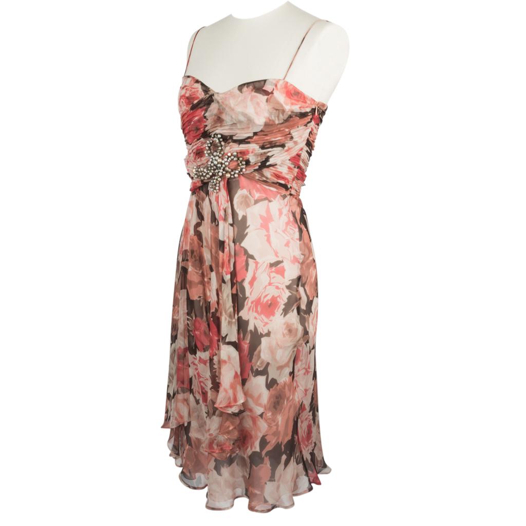 Blumarine Dress Rose Flower Print Striking Beaded Bow 42 / 8 New In New Condition In Miami, FL
