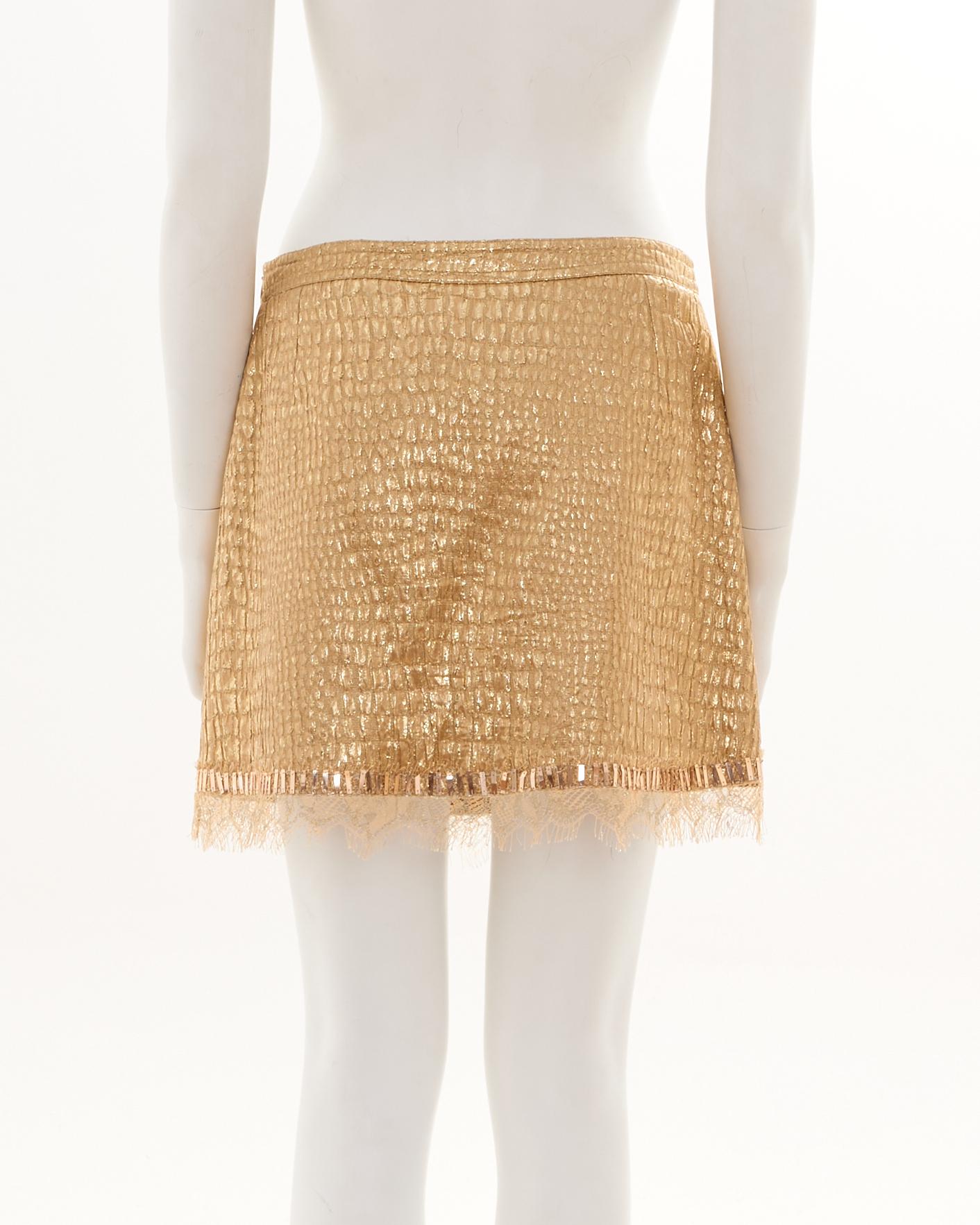 Beige Blumarine Early 2000s Gold Croco Mini Skirt with Lace Details in vendita